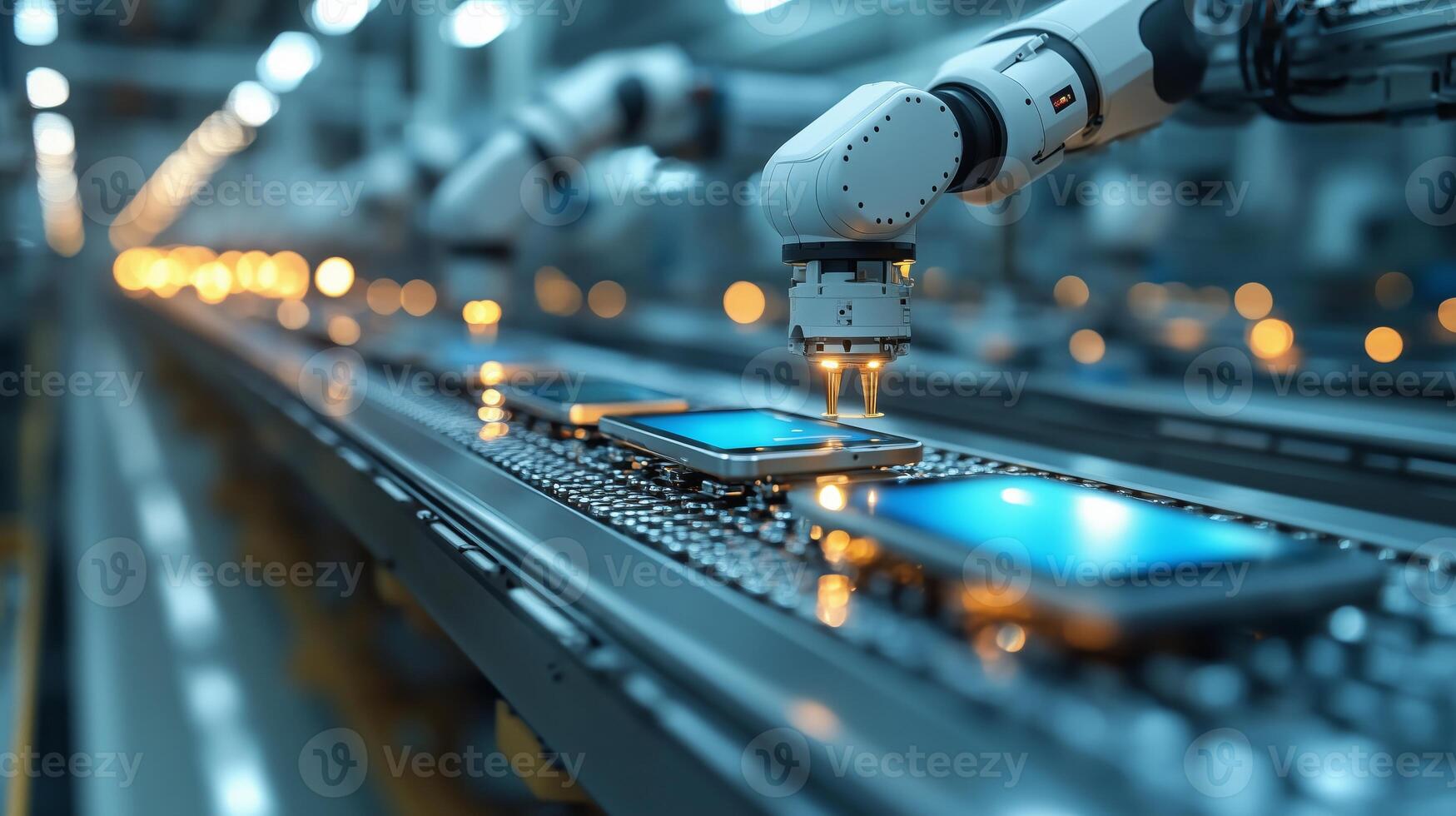 A modern assembly line with robotic precision arms photo