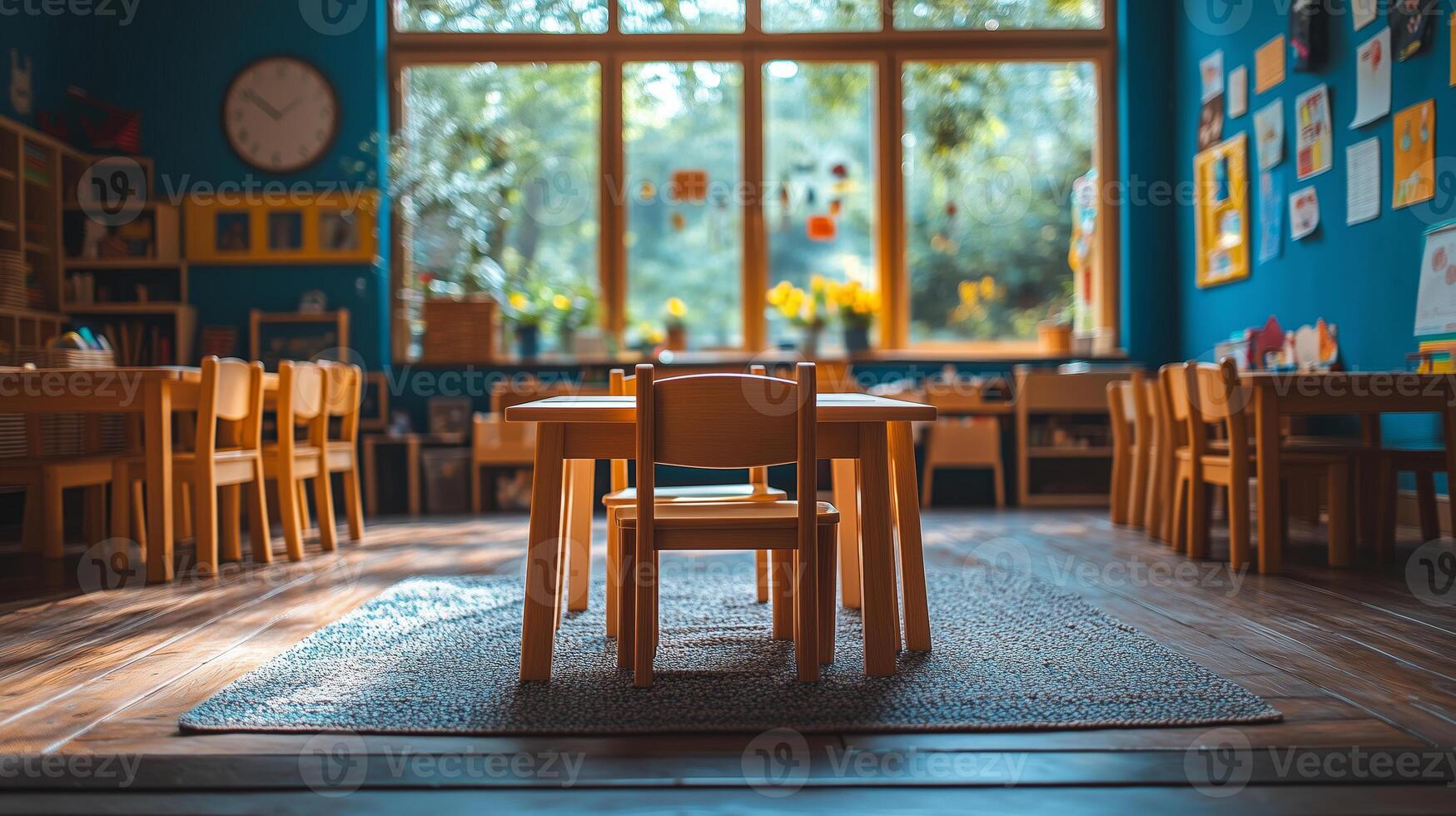 A classroom with wooden tables and chairs photo