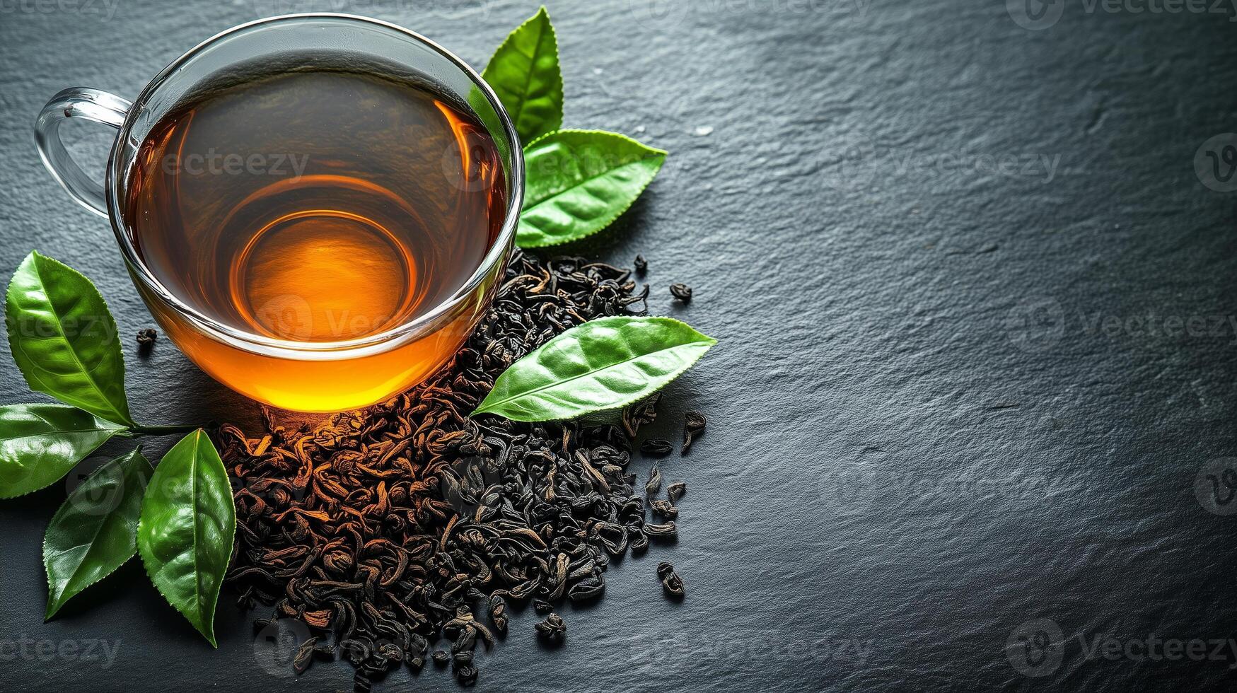 Tea with green leaves on a dark background photo