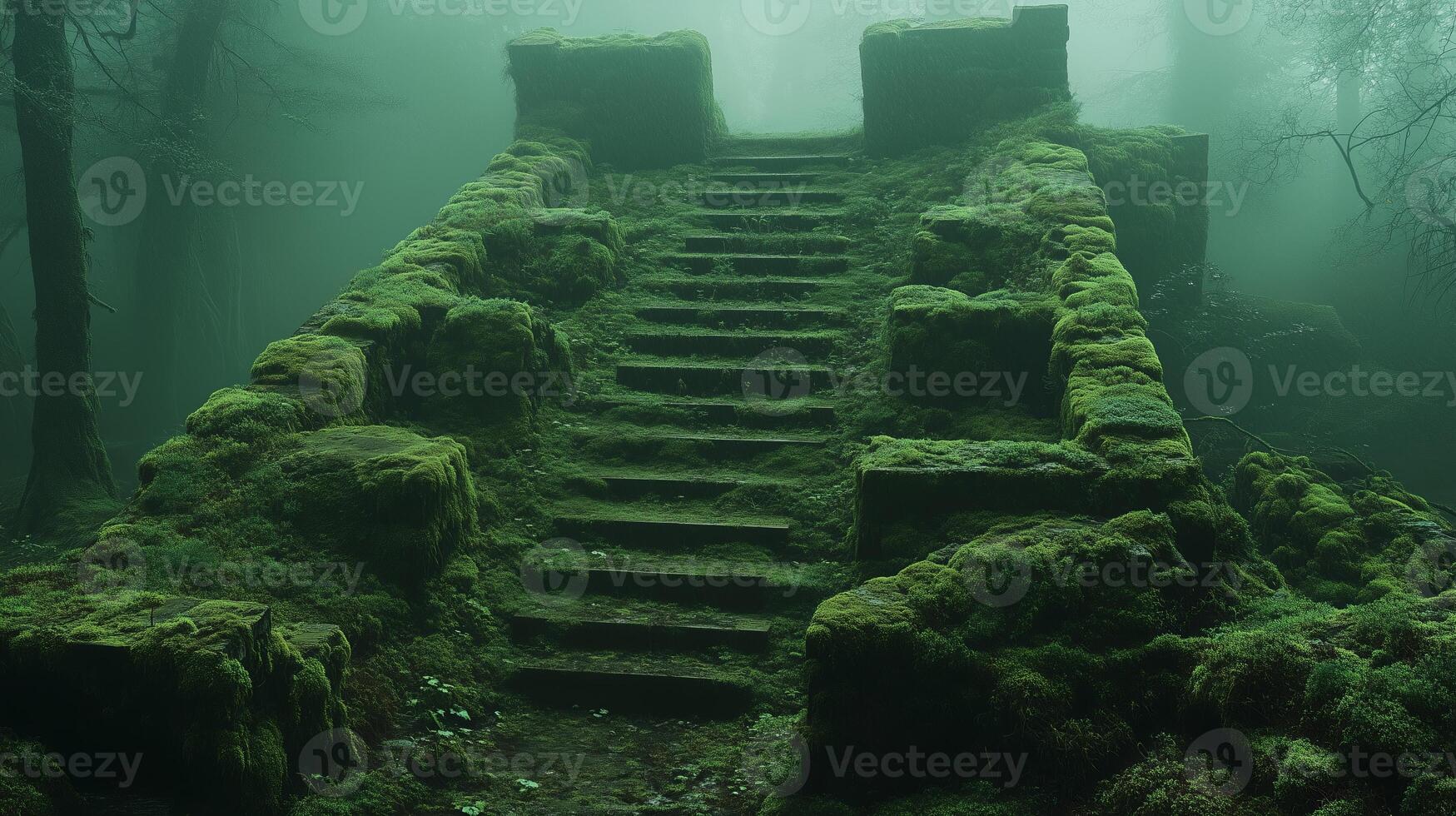 A moss covered staircase in the middle of a forest photo