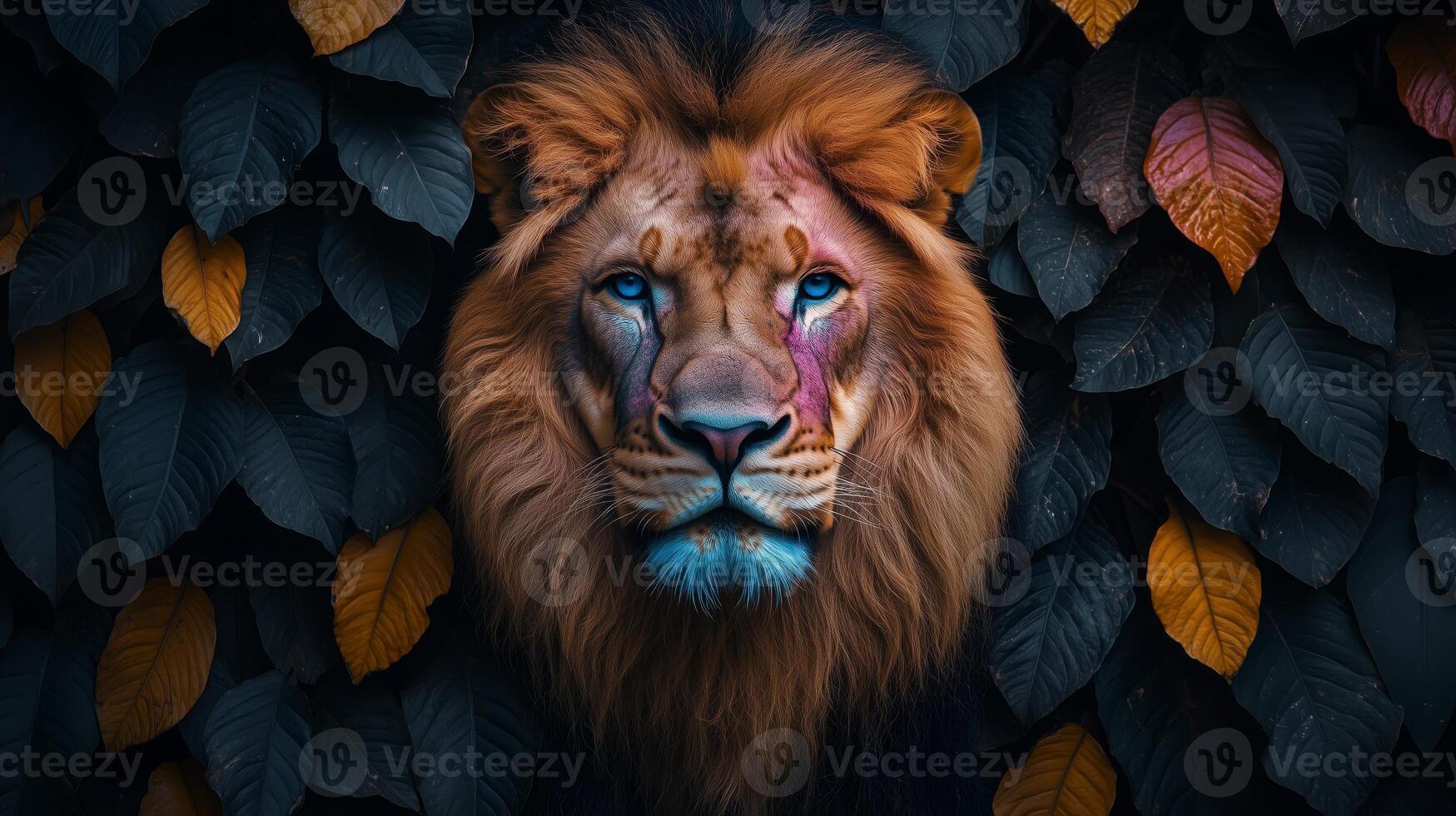 Surreal portrait of majestic lion with neon pink photo