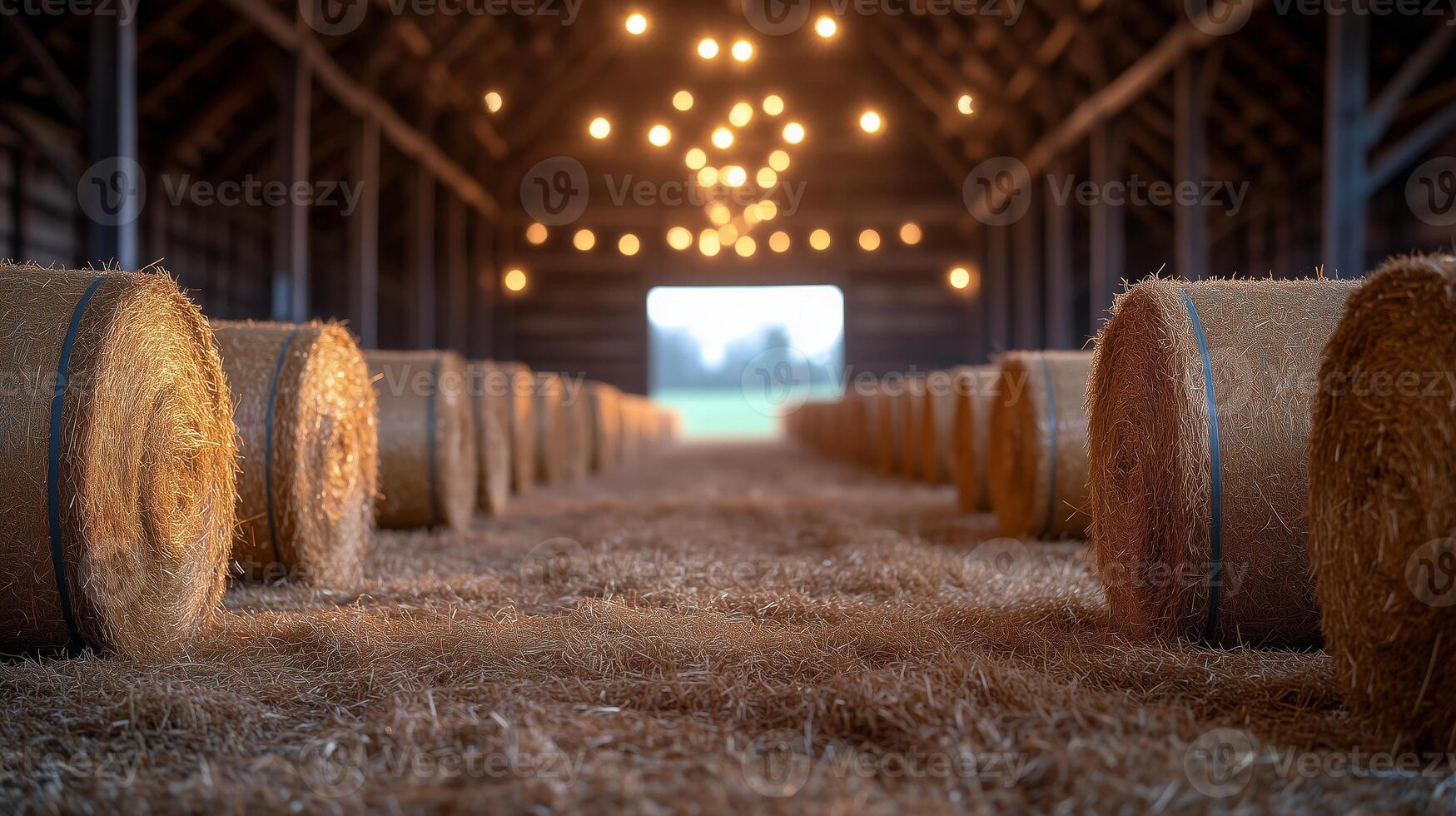 Bales of hay in a barn with lights photo