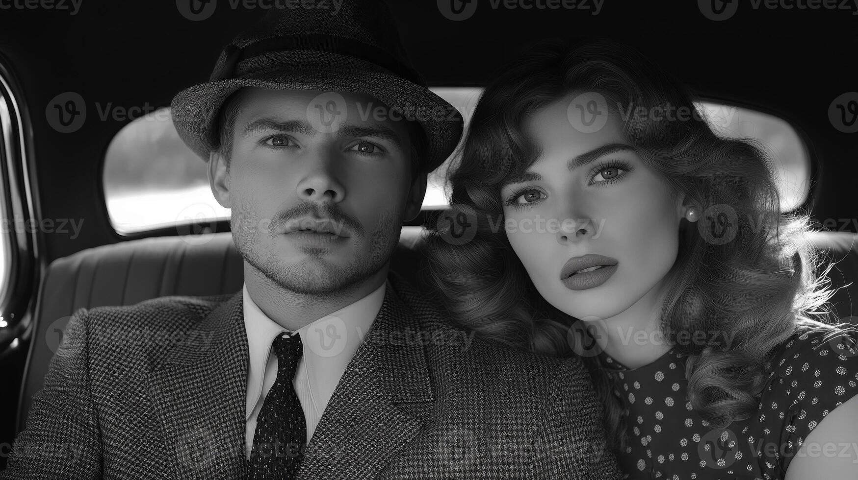 A man and a woman sitting in the back seat of a car photo