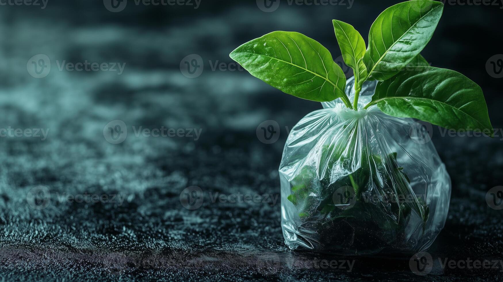 A plastic bag with a plant growing out of it photo