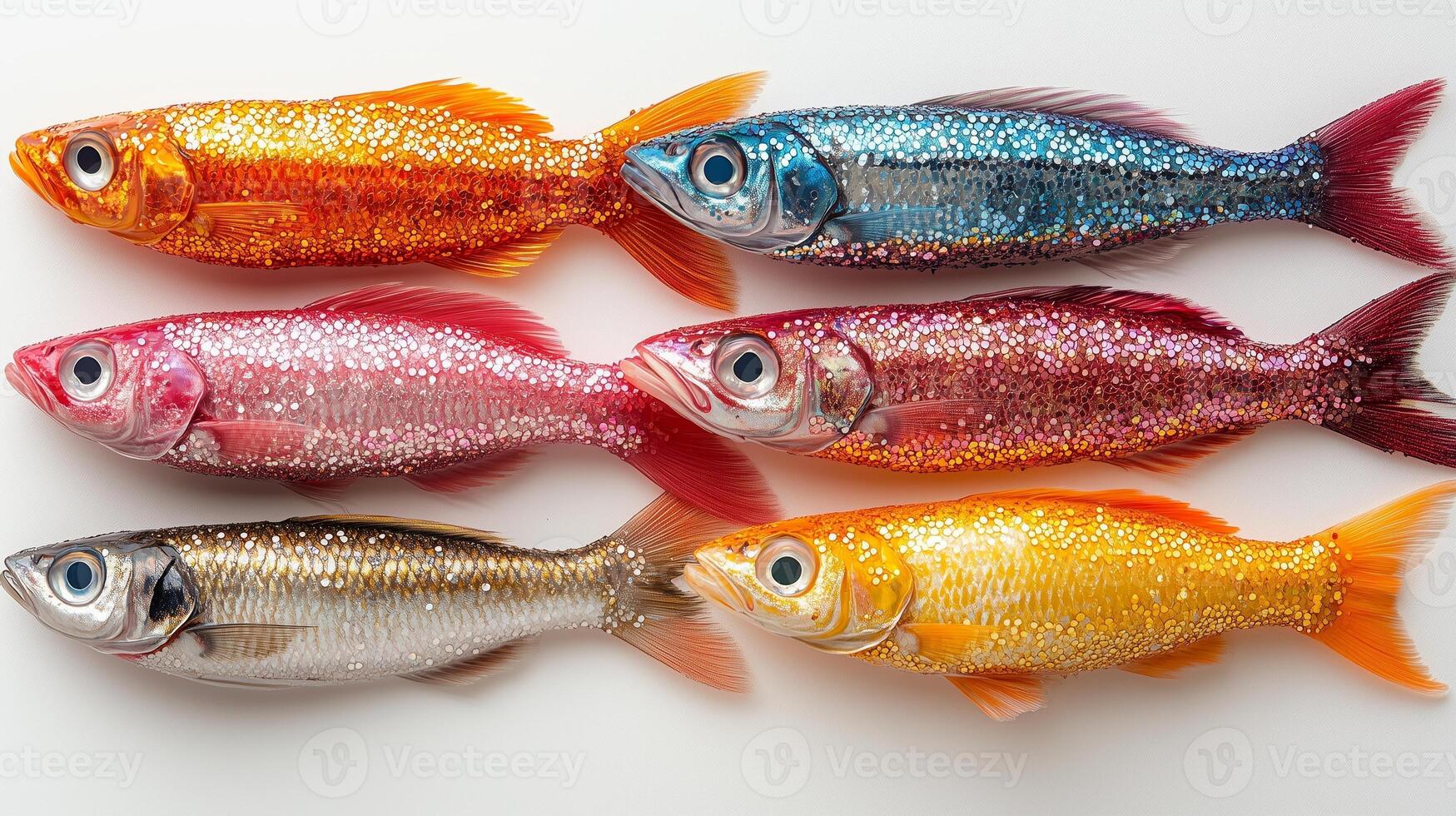 A group of six different colored fish on a white surface photo