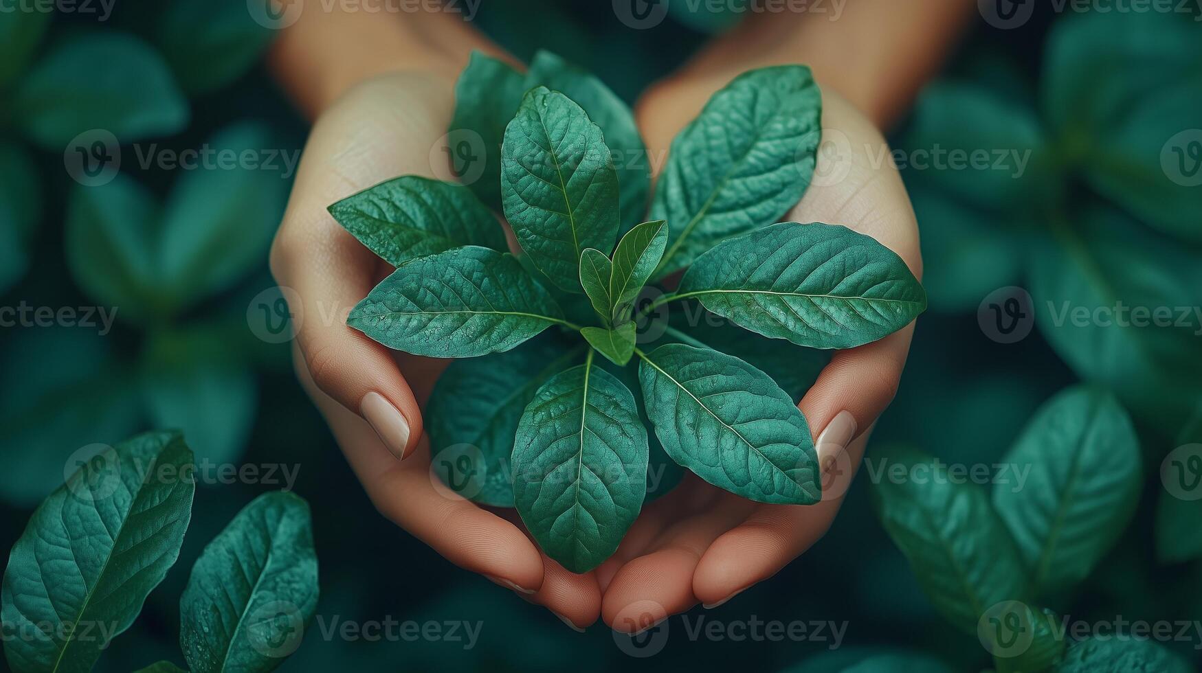 Human Hands Nurturing Green Plant Symbolizing Nature Conservation photo