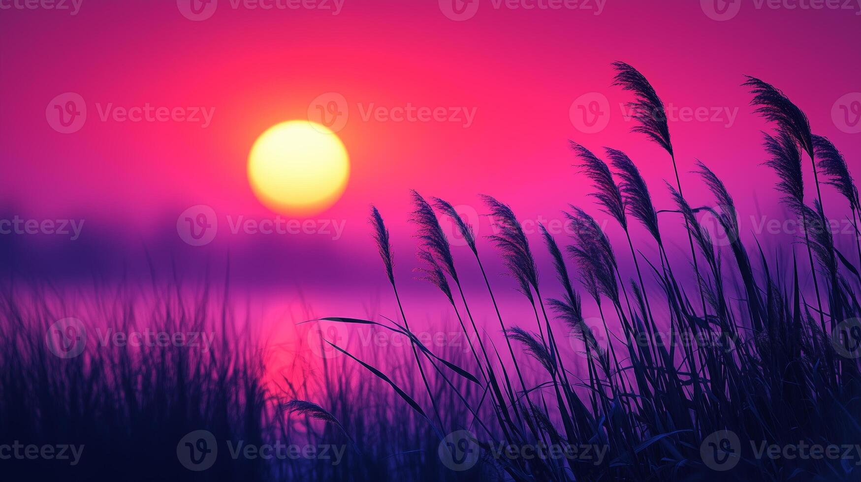 A sunset over a lake with tall grass photo