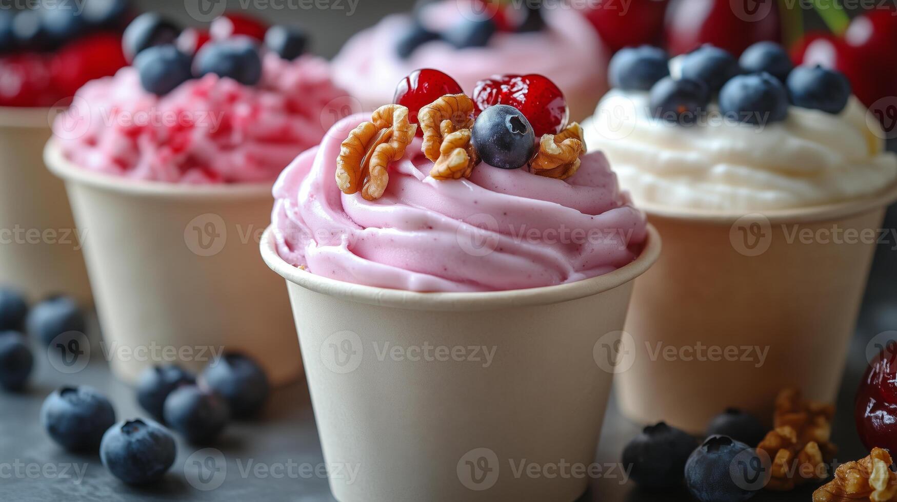 Assorted cups of frozen yogurt topped with walnuts photo
