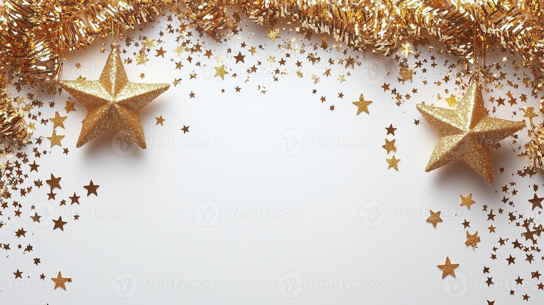 Gold stars and tinsel on a white background photo