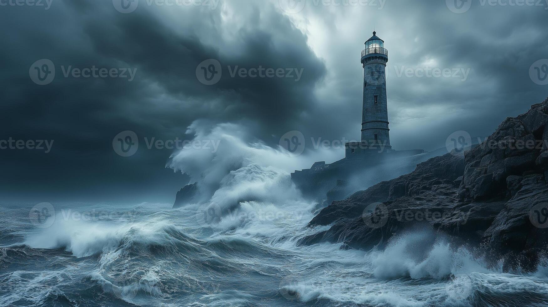 A lighthouse is surrounded by stormy waves photo