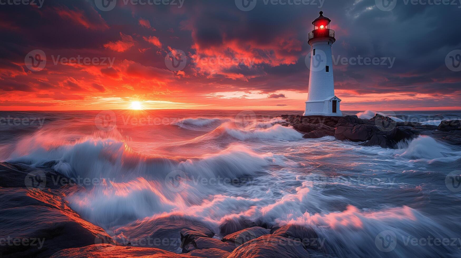 A lighthouse is seen in the sunset with waves crashing into it photo