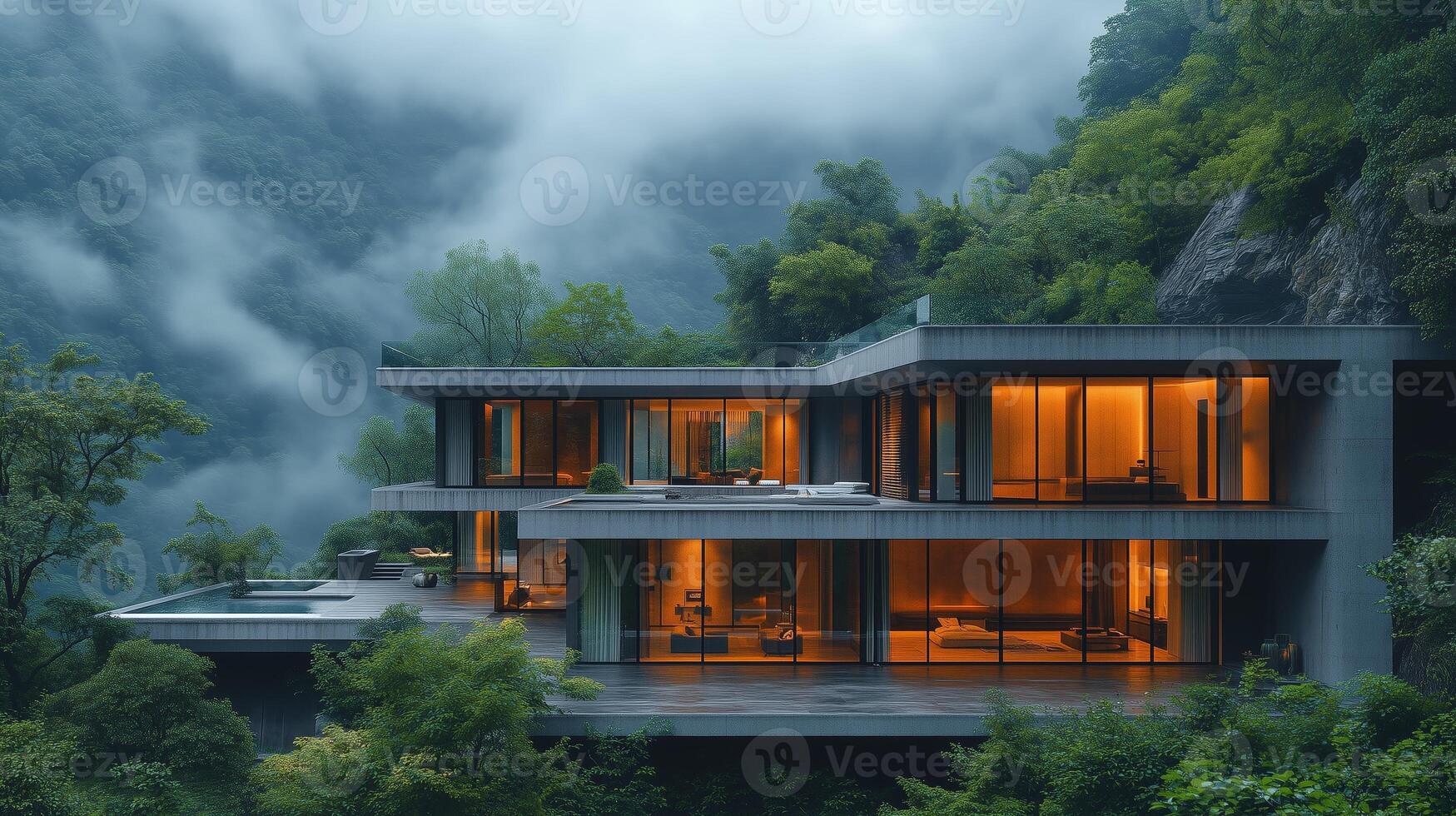 A modern house in the mountains with fog photo