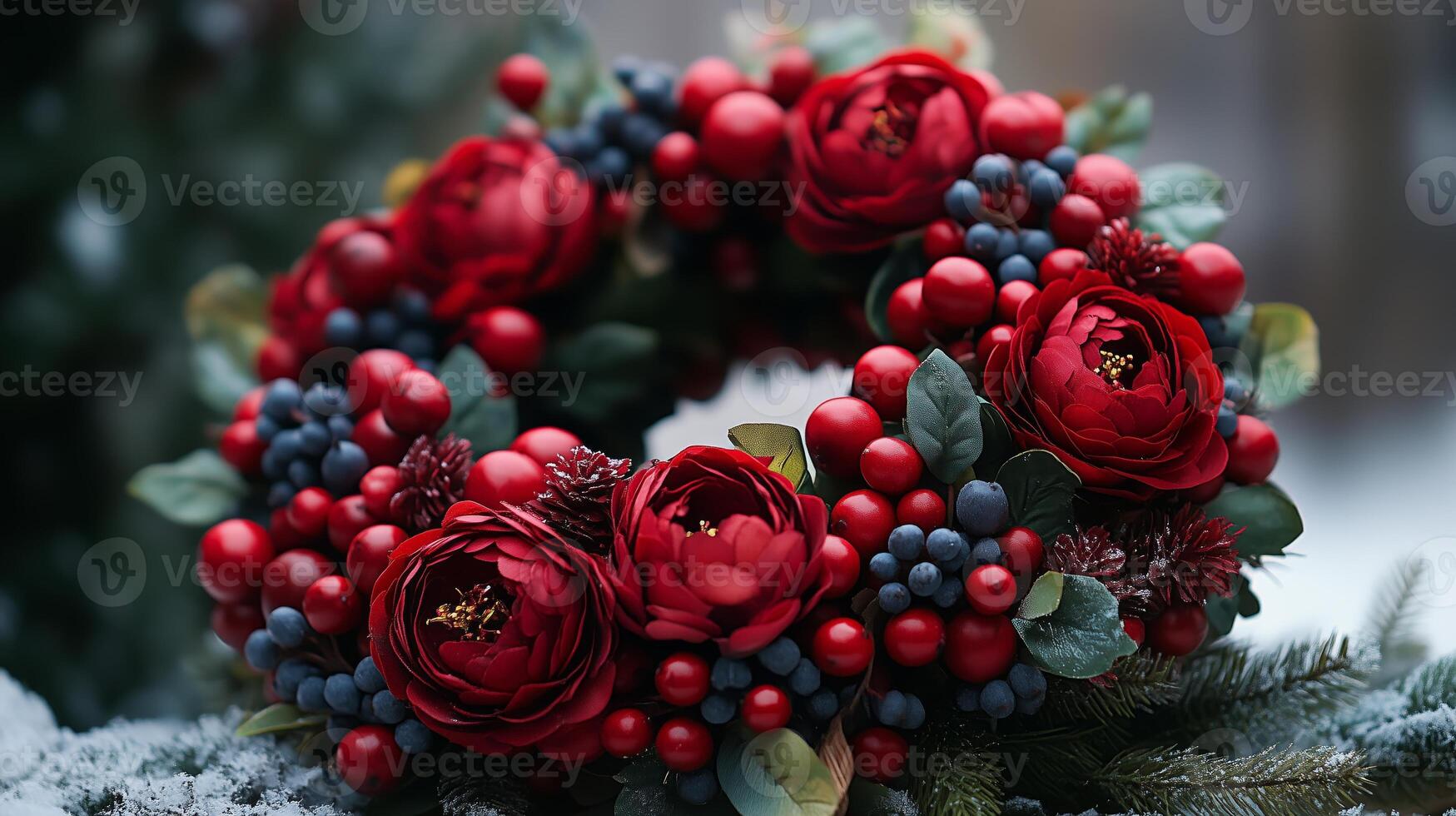 A wreath of red roses and berries on a snowy ground photo