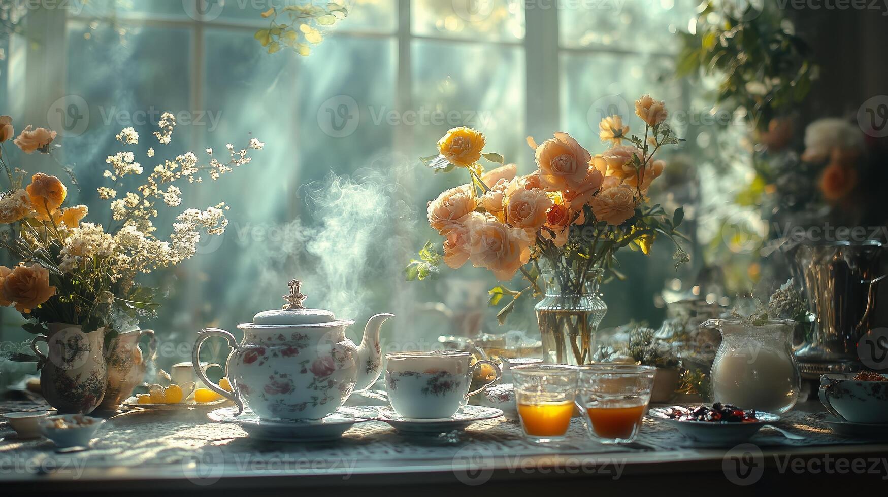 A table with a vase of flowers and a teapot photo