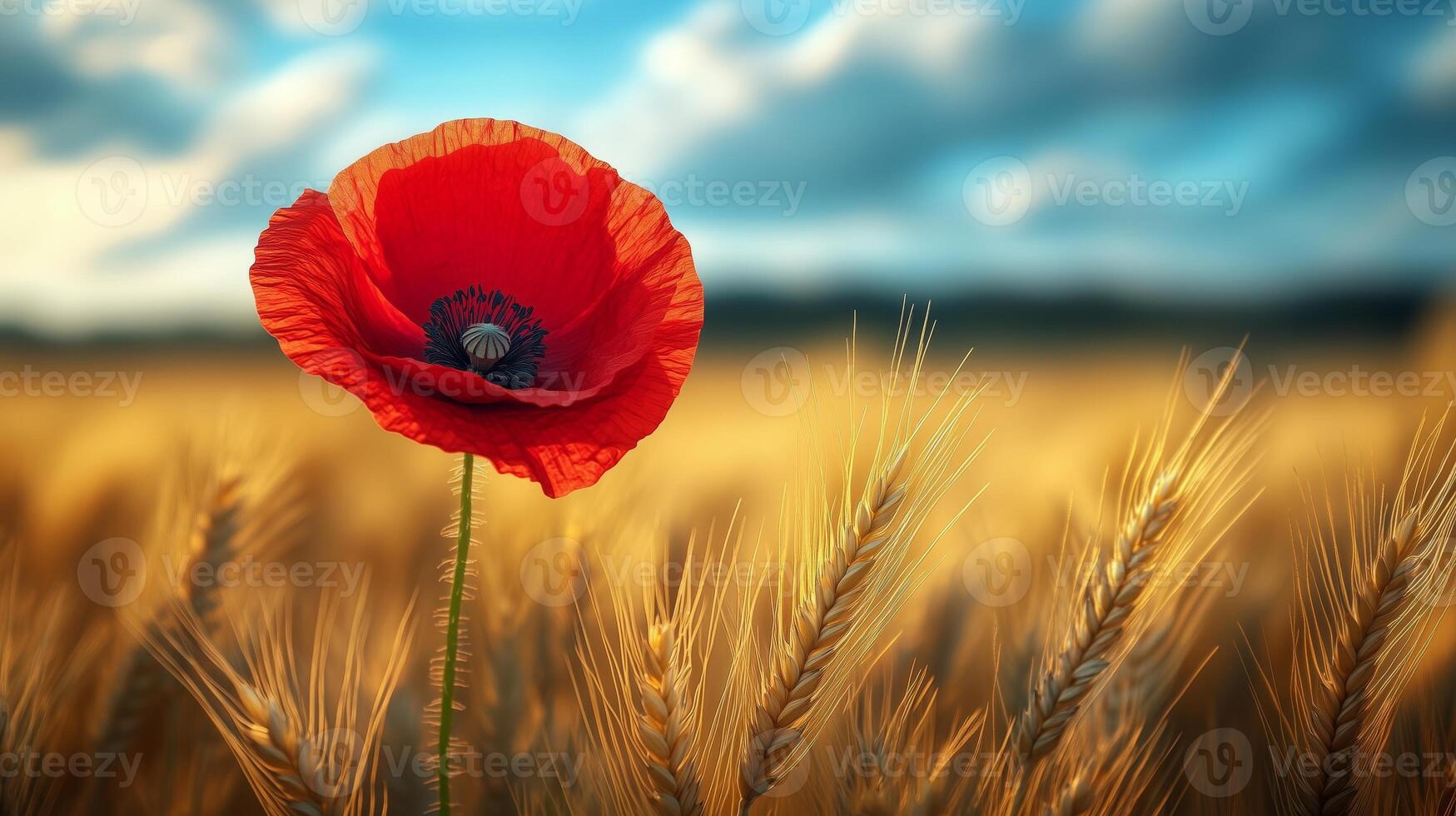 A single red poppy is in the middle of a field photo