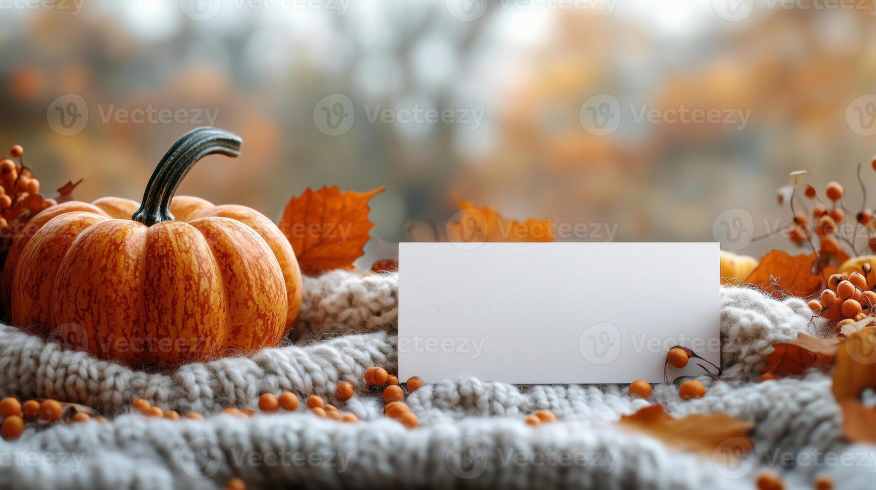 Autumn background with a blank card and pumpkins photo