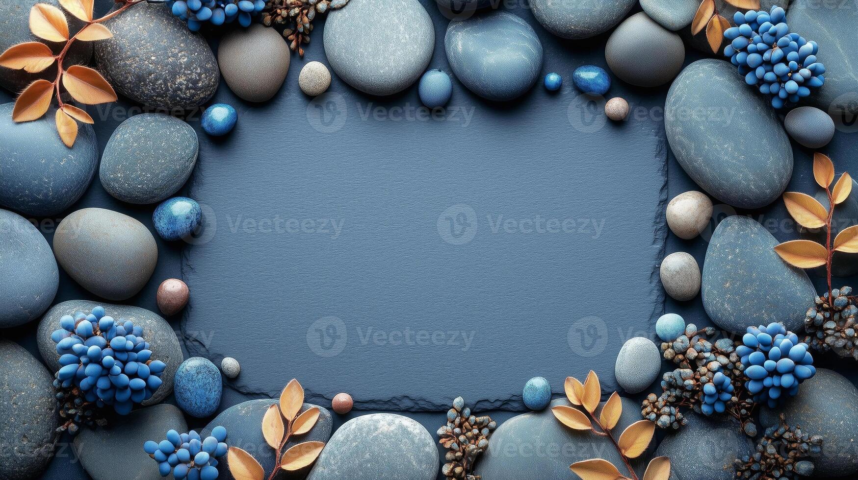 Blank card mockup on smooth stones background, flat lay, spa, serenity photo
