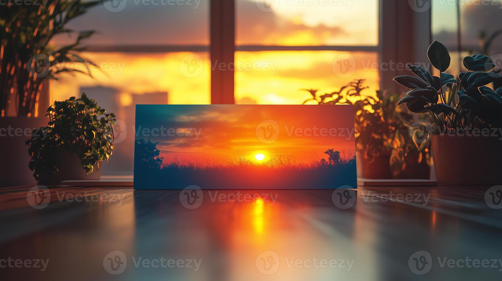 Blue-orange gradient card mockup on wooden table photo