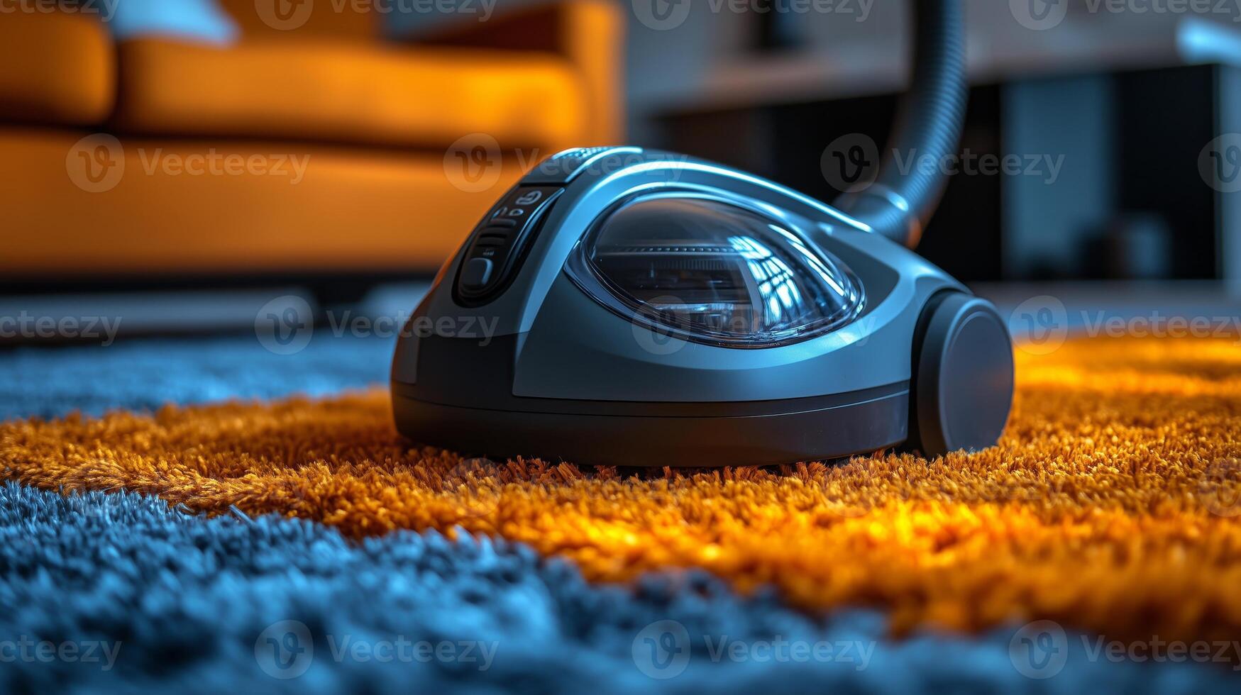 A vacuum cleaner on a carpet in front of a couch photo