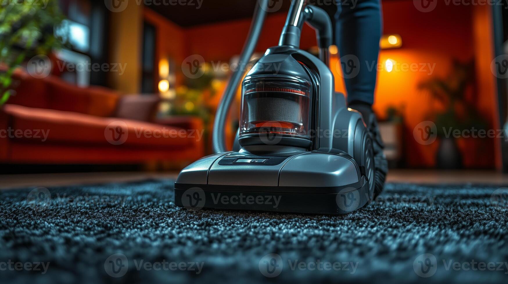 A person is vacuuming a carpet with a vacuum cleaner photo