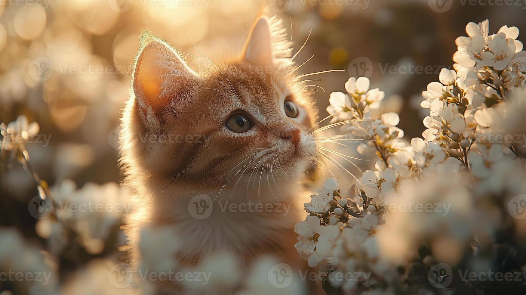 Kitten gazing at the sunlight through delicate white flowers photo