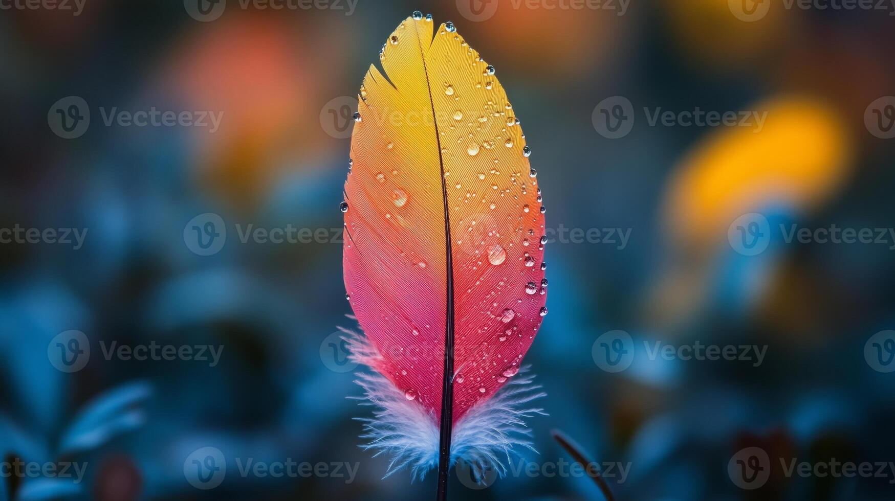A colorful feather with water droplets on it photo
