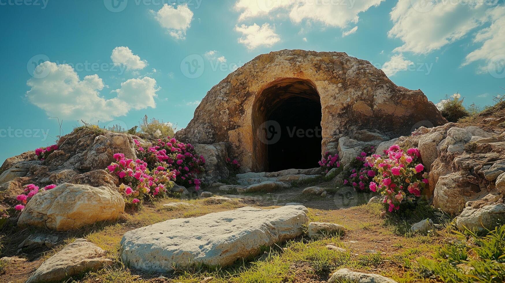 A cave with flowers and rocks in front of it photo