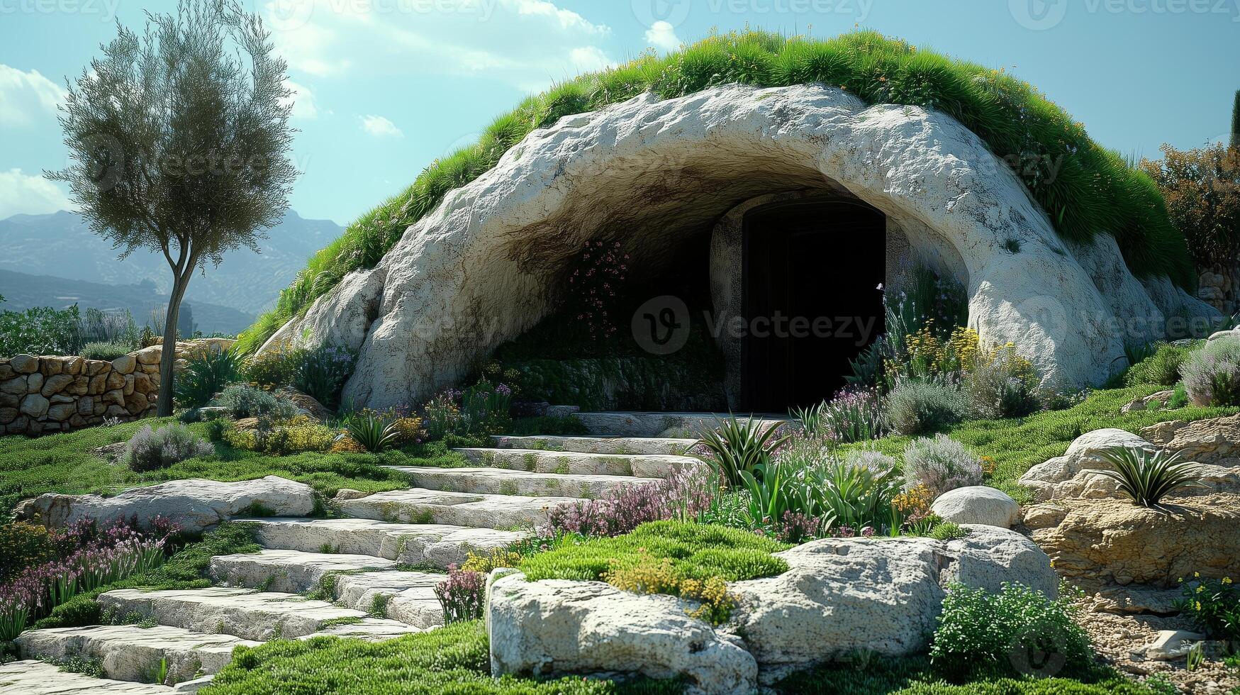A cave with a stone entrance and steps leading to it photo