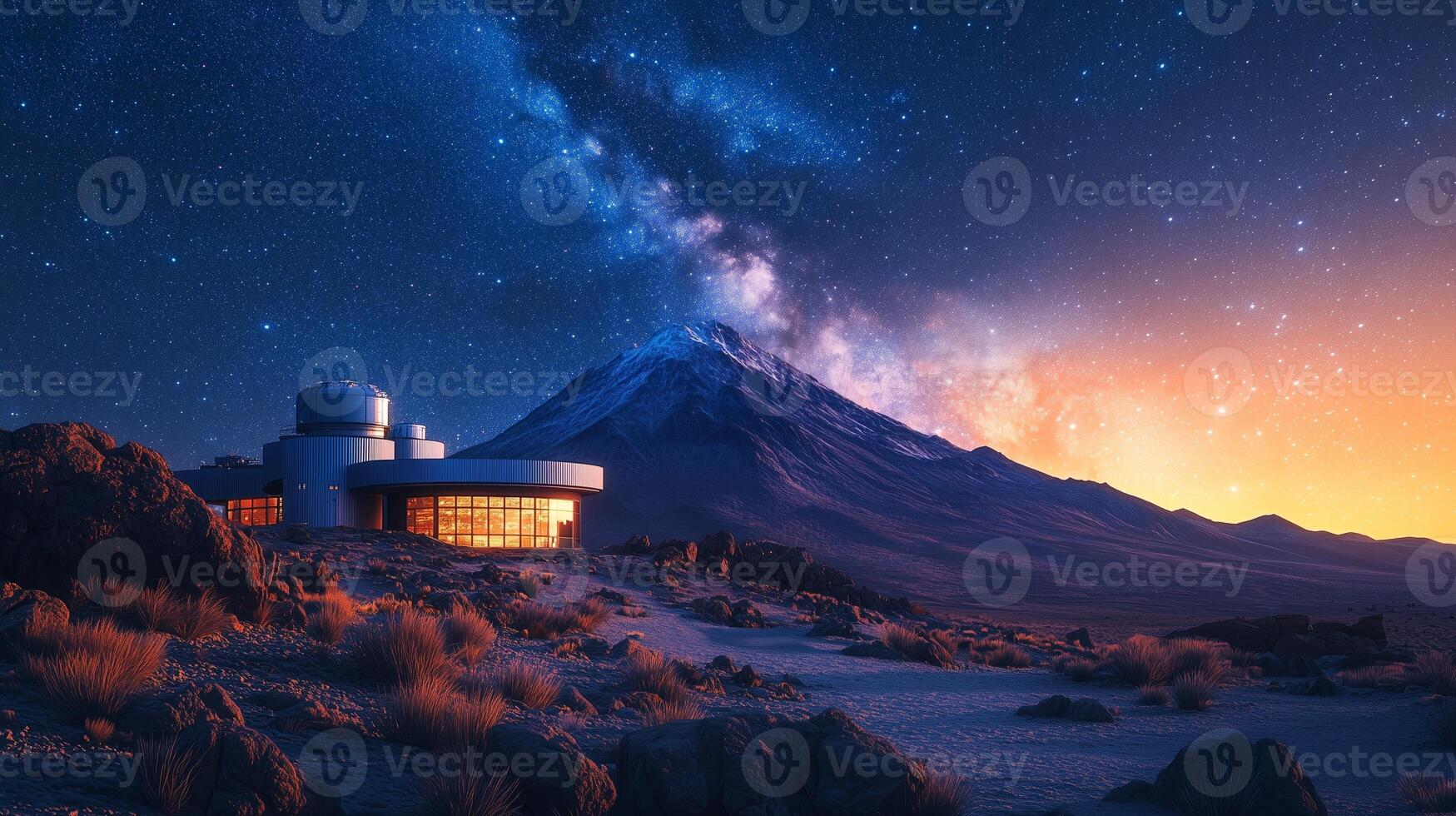 A mountain with a telescope and stars in the sky photo