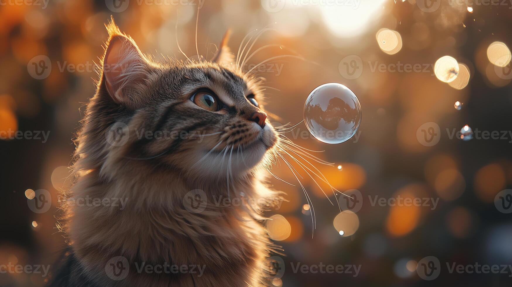 A cat is blowing bubbles in the air photo