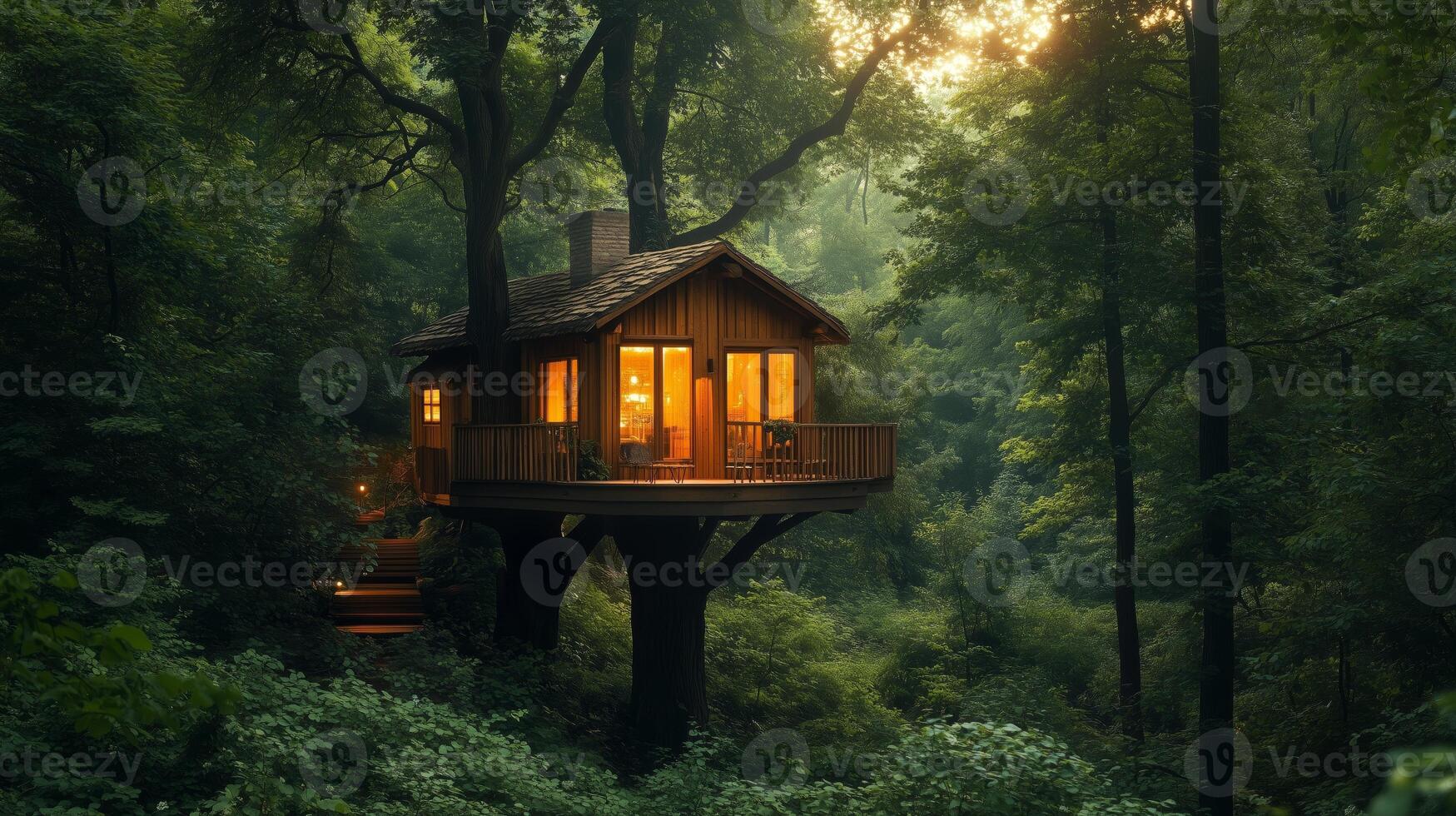 A cozy wooden treehouse with large windows photo
