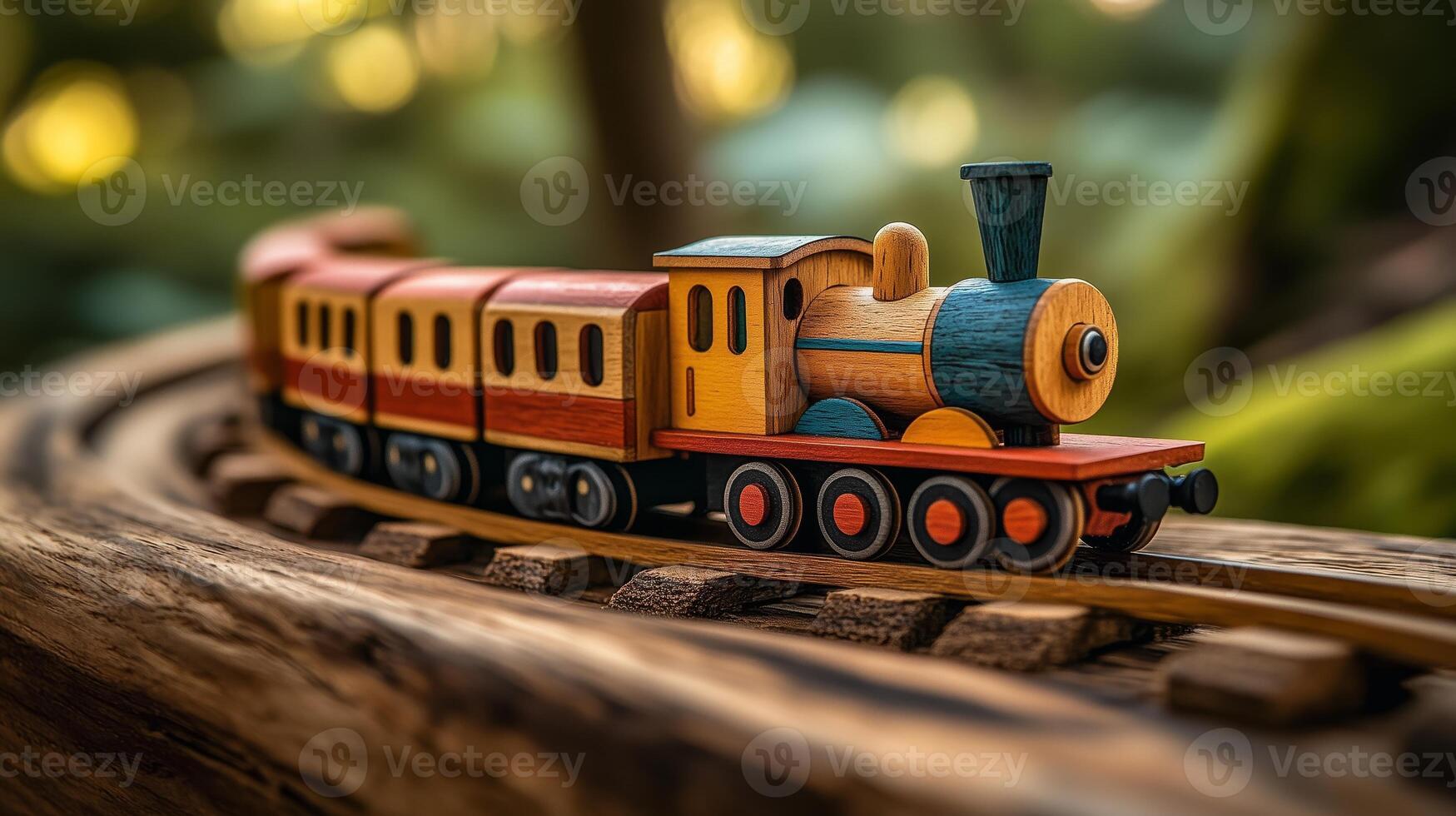 A toy train is on a track in the woods photo