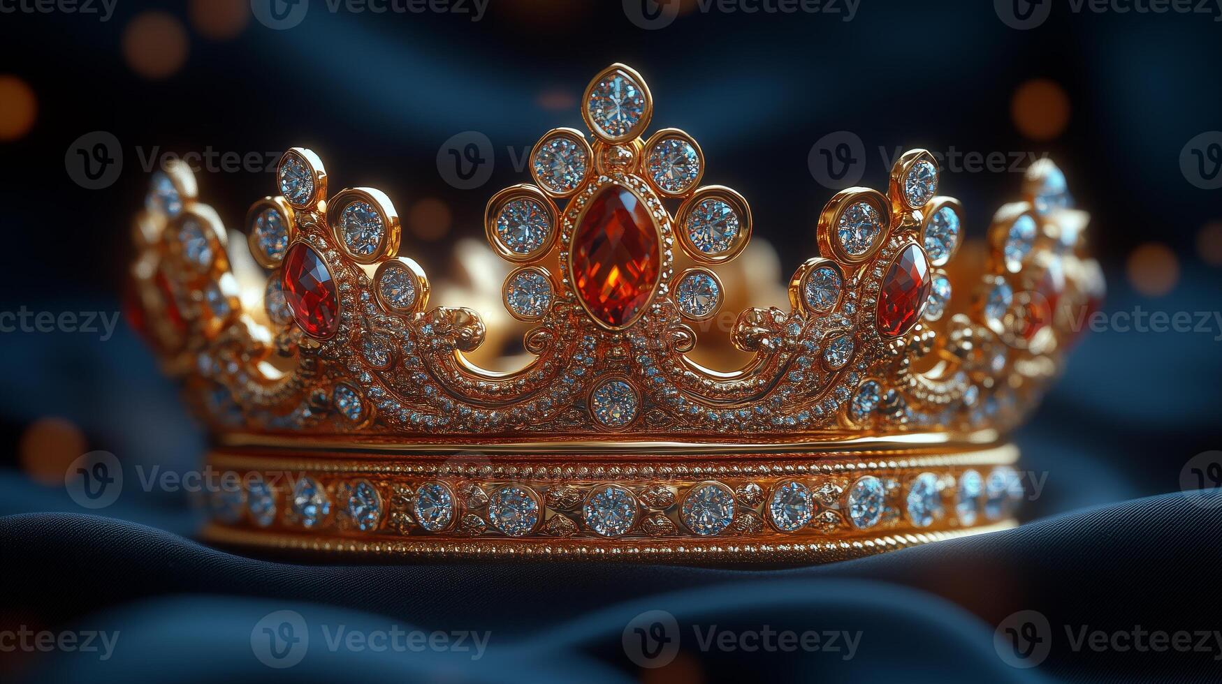 Elegant Gold Crown with Sparkling Gems on Satin Fabric photo