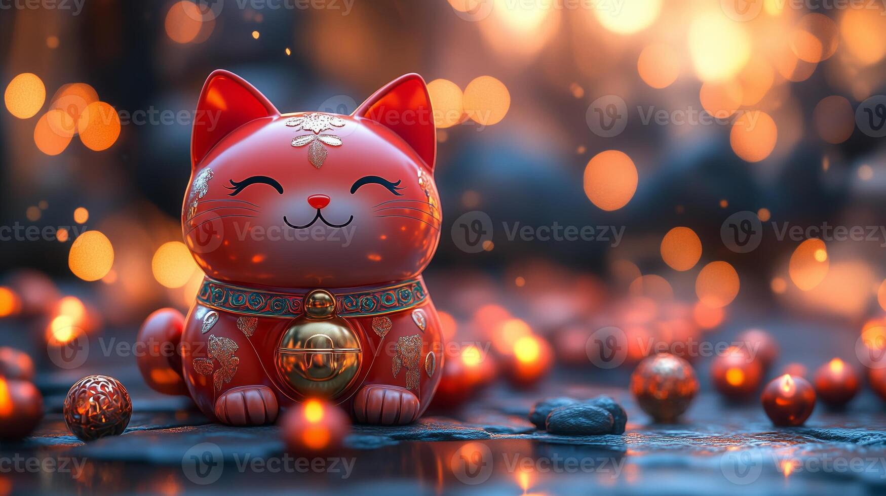 A red cat figurine with a gold chain around it photo