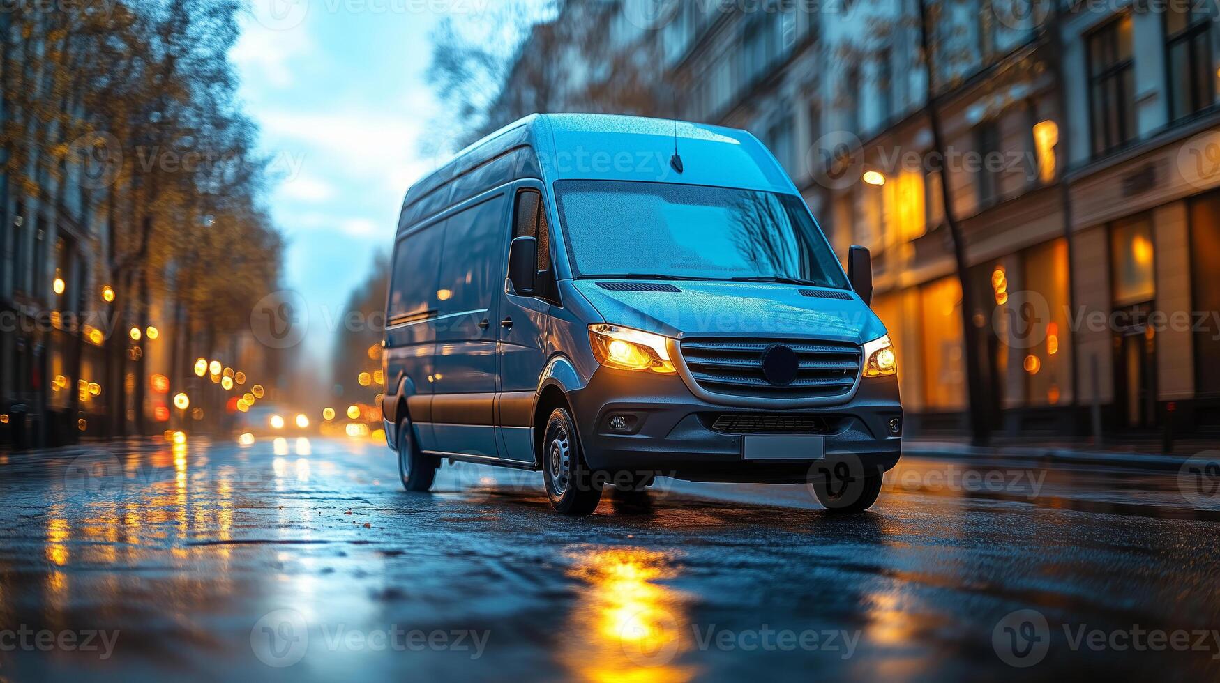 A van is driving down a wet street at night photo