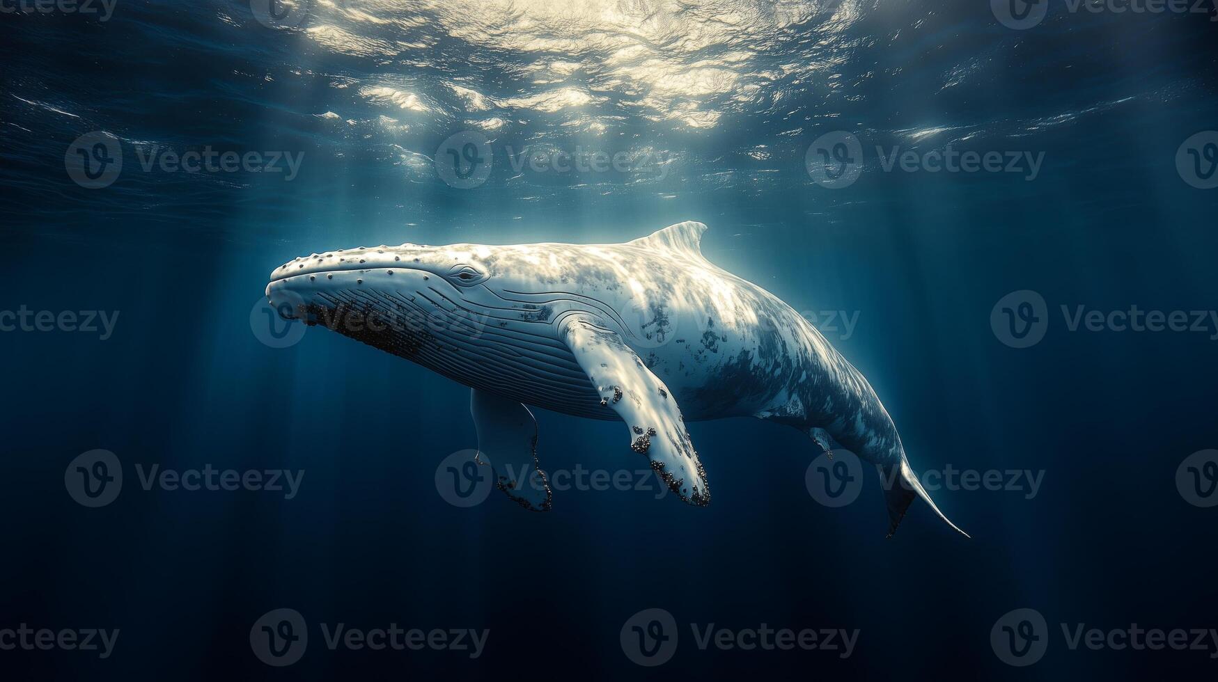 A whale swimming in the ocean with sunlight shining on it photo