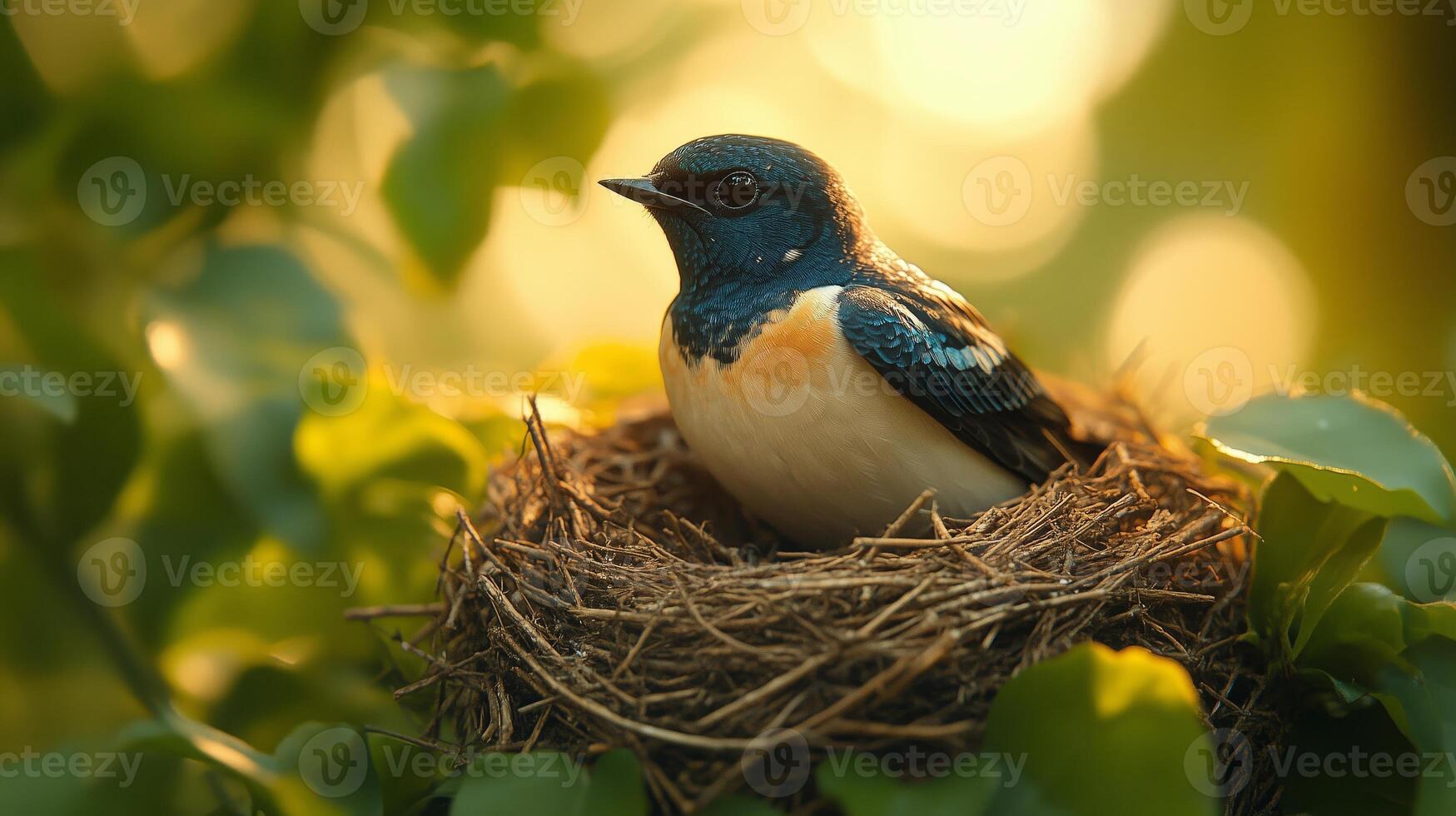 A bird is sitting in a nest on a tree photo