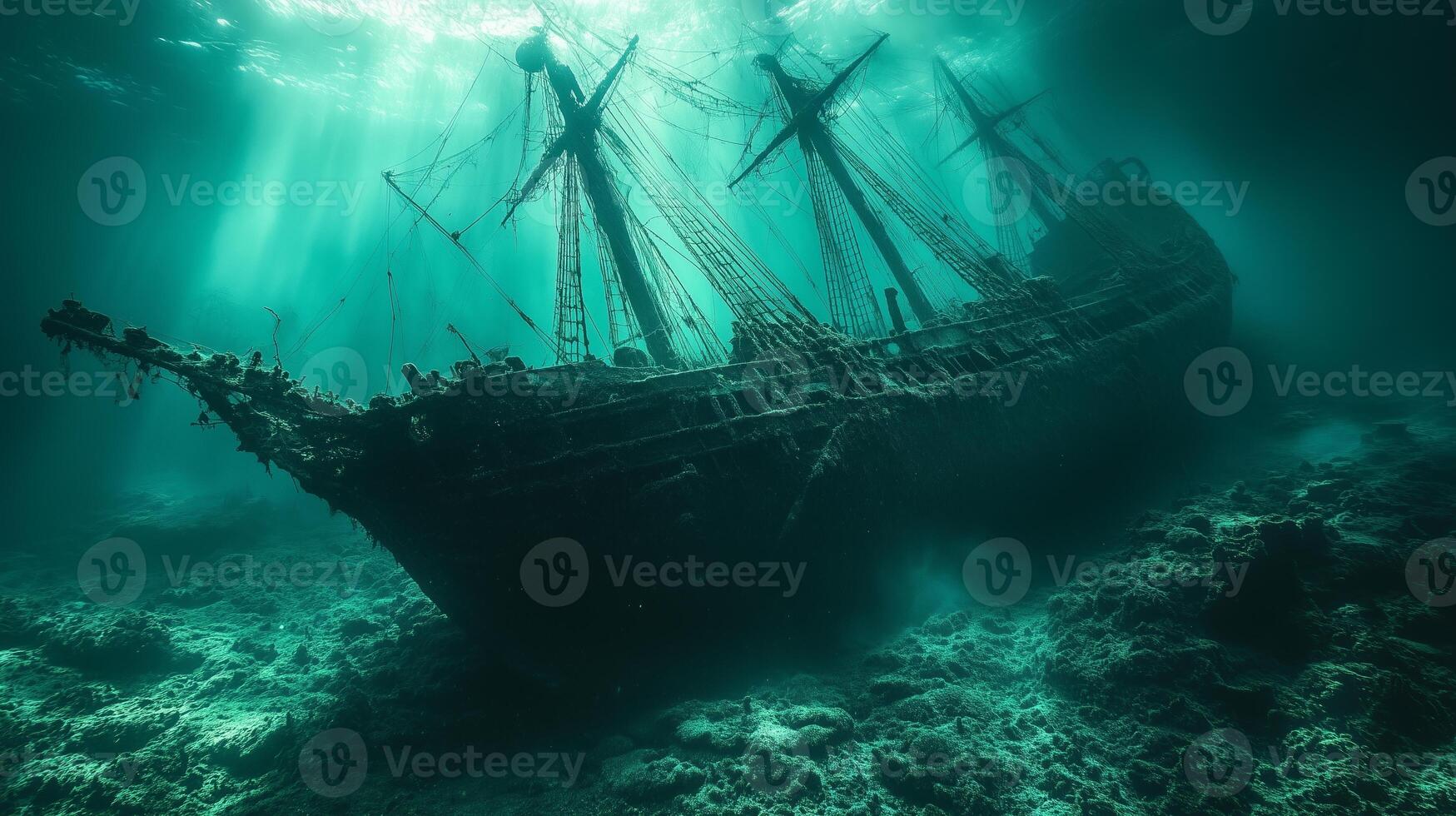 An underwater view of a ship in the ocean photo
