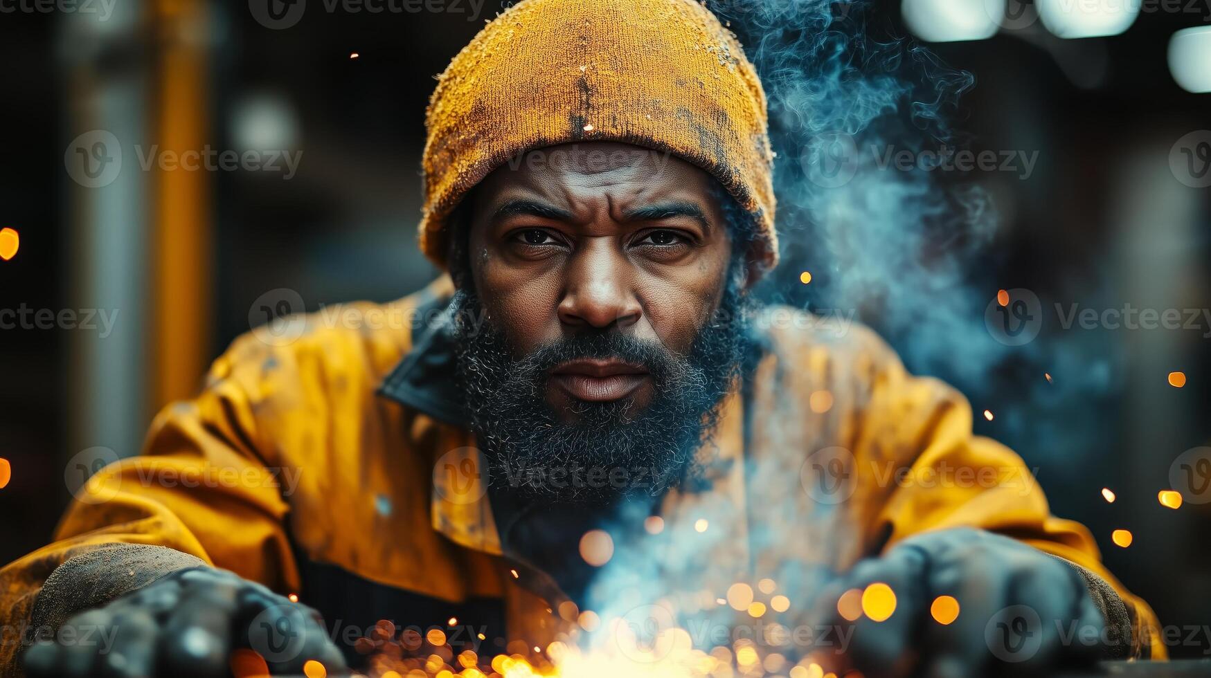 A man with a beard and a yellow hat is welding photo