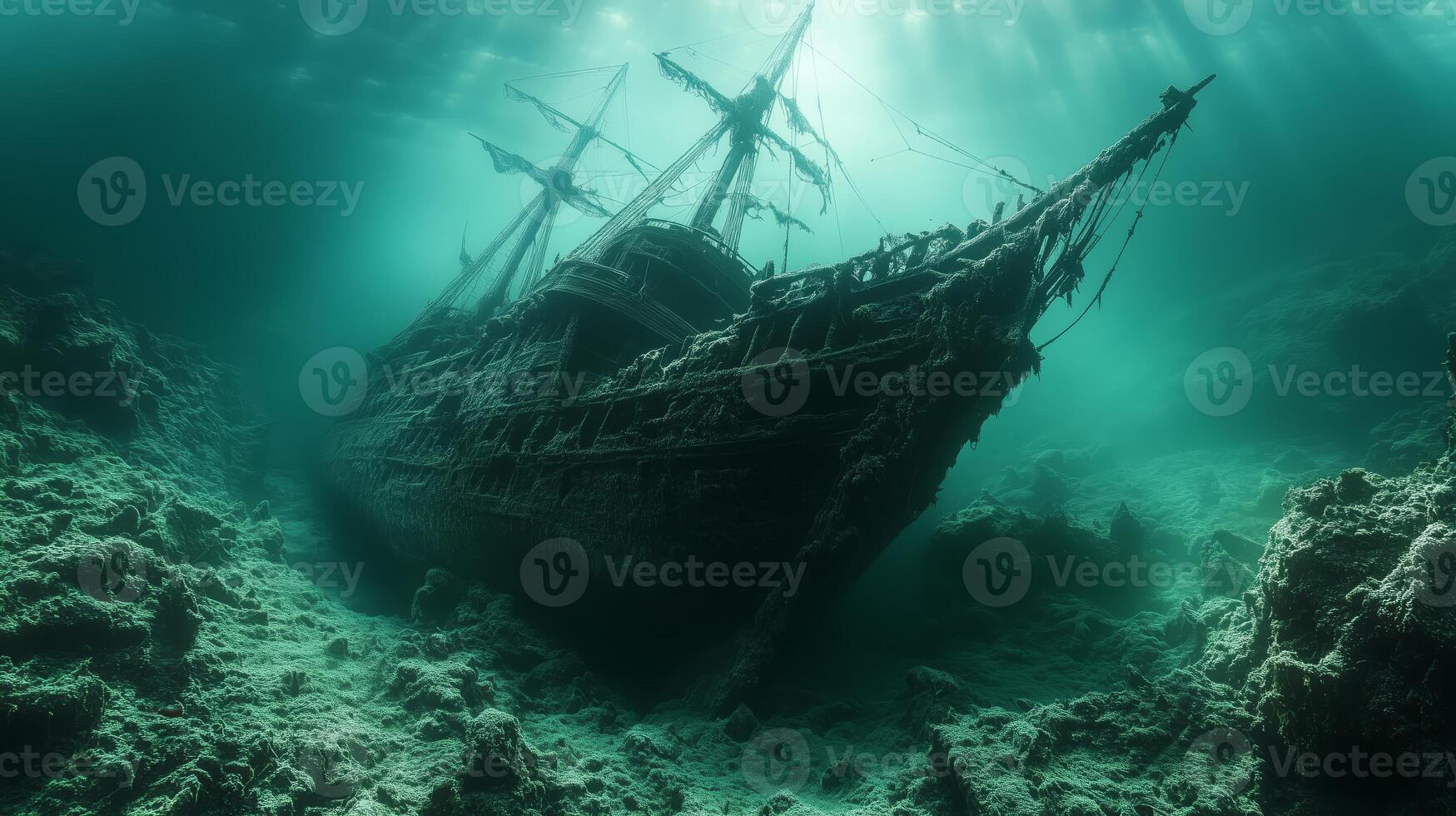 An underwater view of a ship in the ocean photo