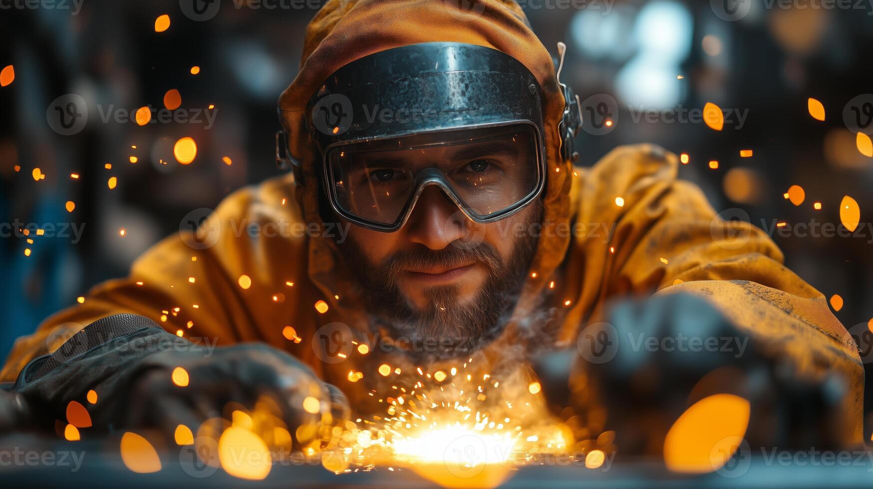 A man in a welding helmet is welding sparks photo