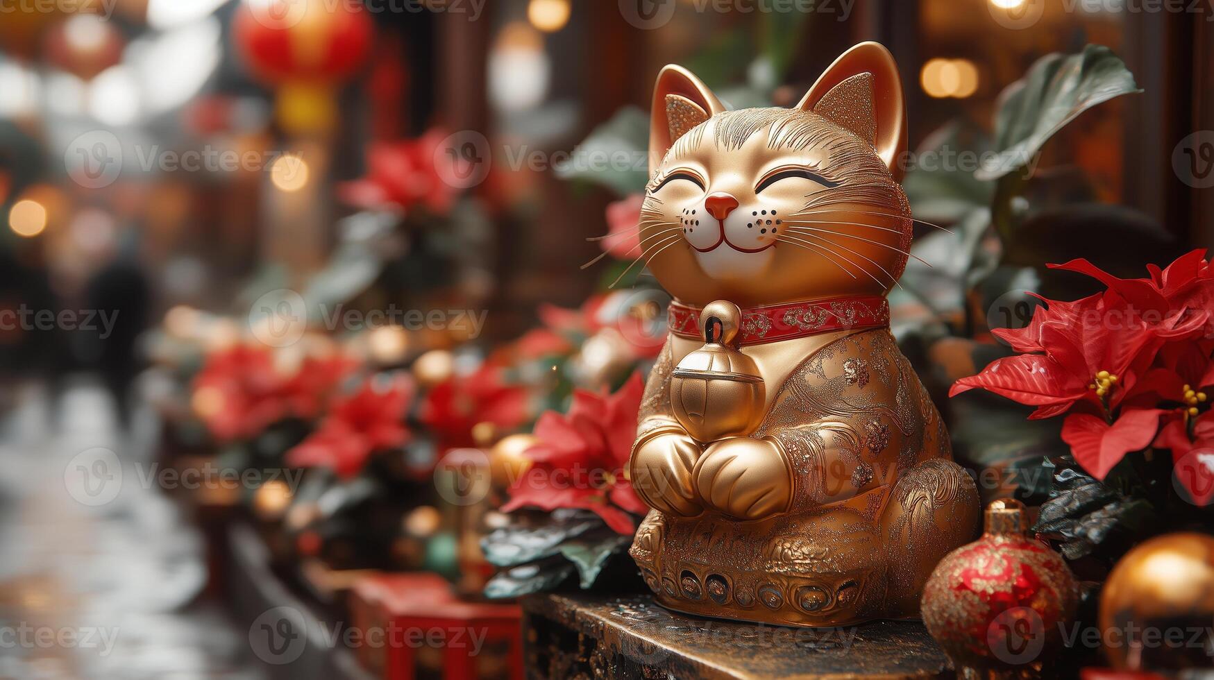 A gold cat statue sitting on a window ledge photo