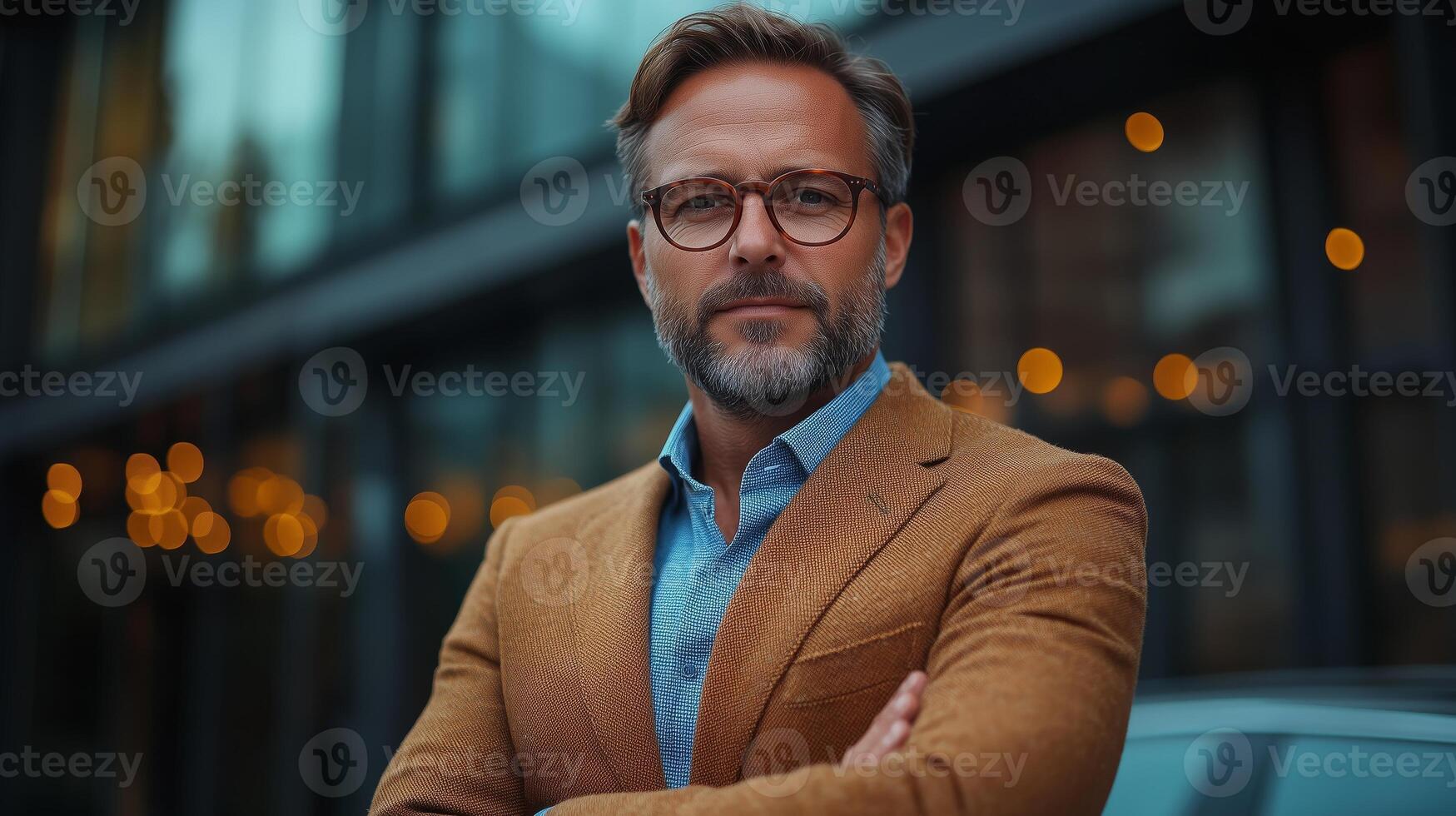 A man with glasses and a beard standing in front of a car photo