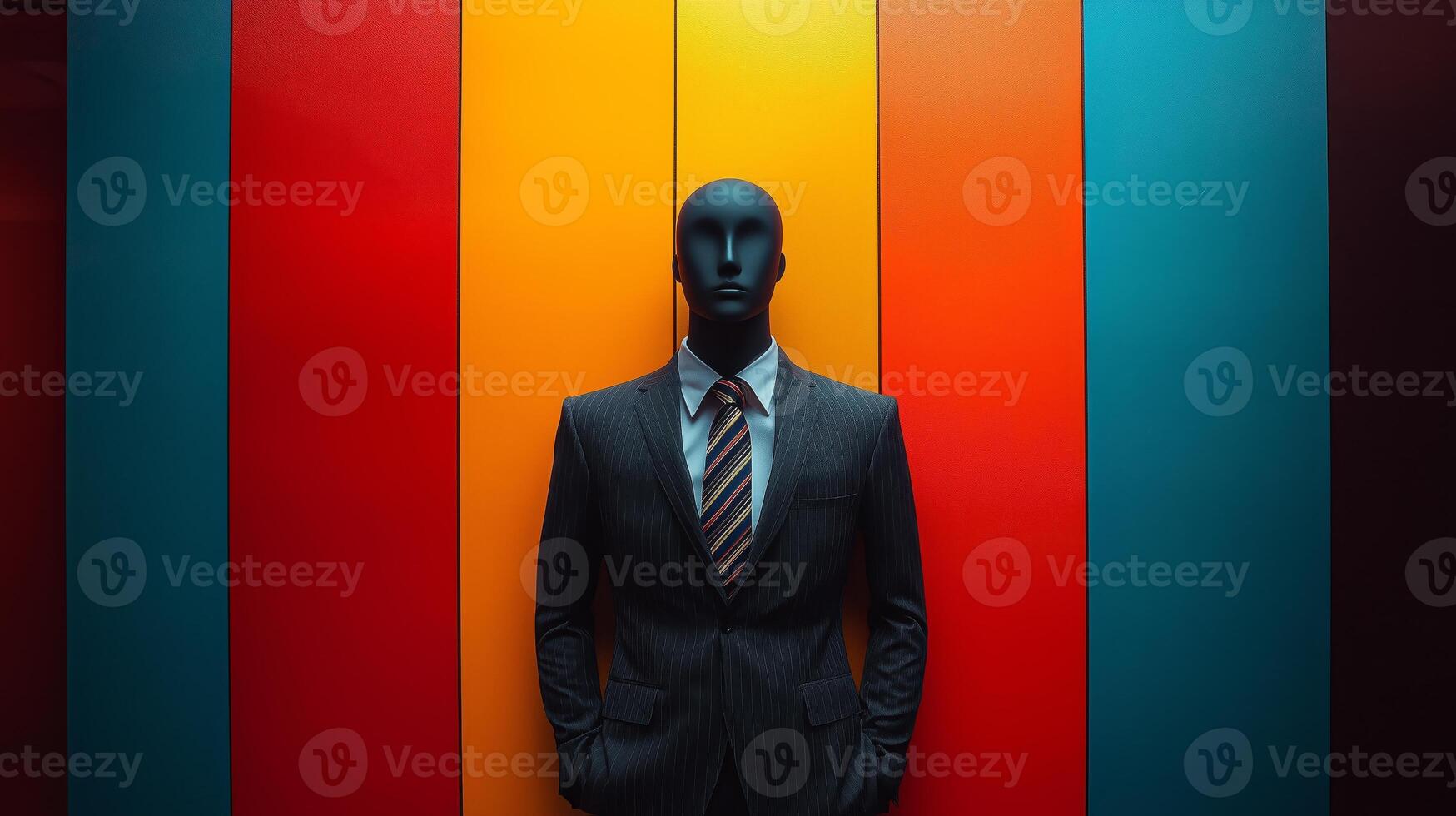 A man in a suit and tie standing in front of a colorful wall photo