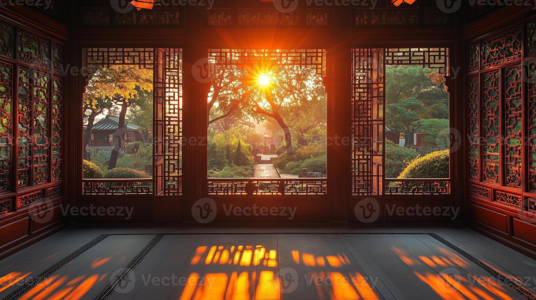 Sunlight Streaming Through Intricate Wooden Lattice Windows photo