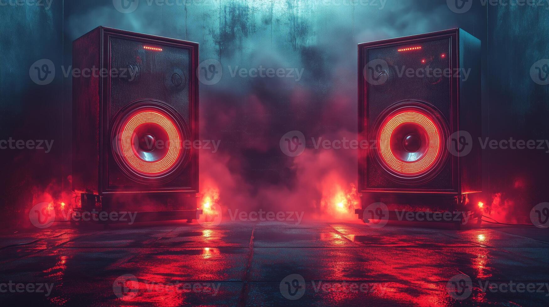 Two speakers with red lights in a dark room photo