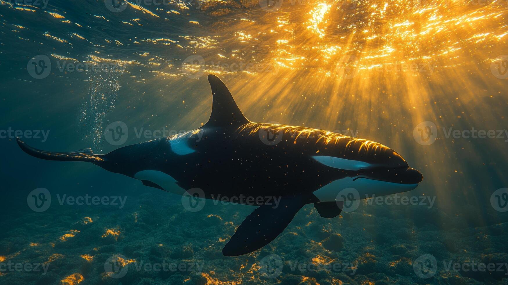 An orca whale swimming in the ocean with sunlight shining through the water photo