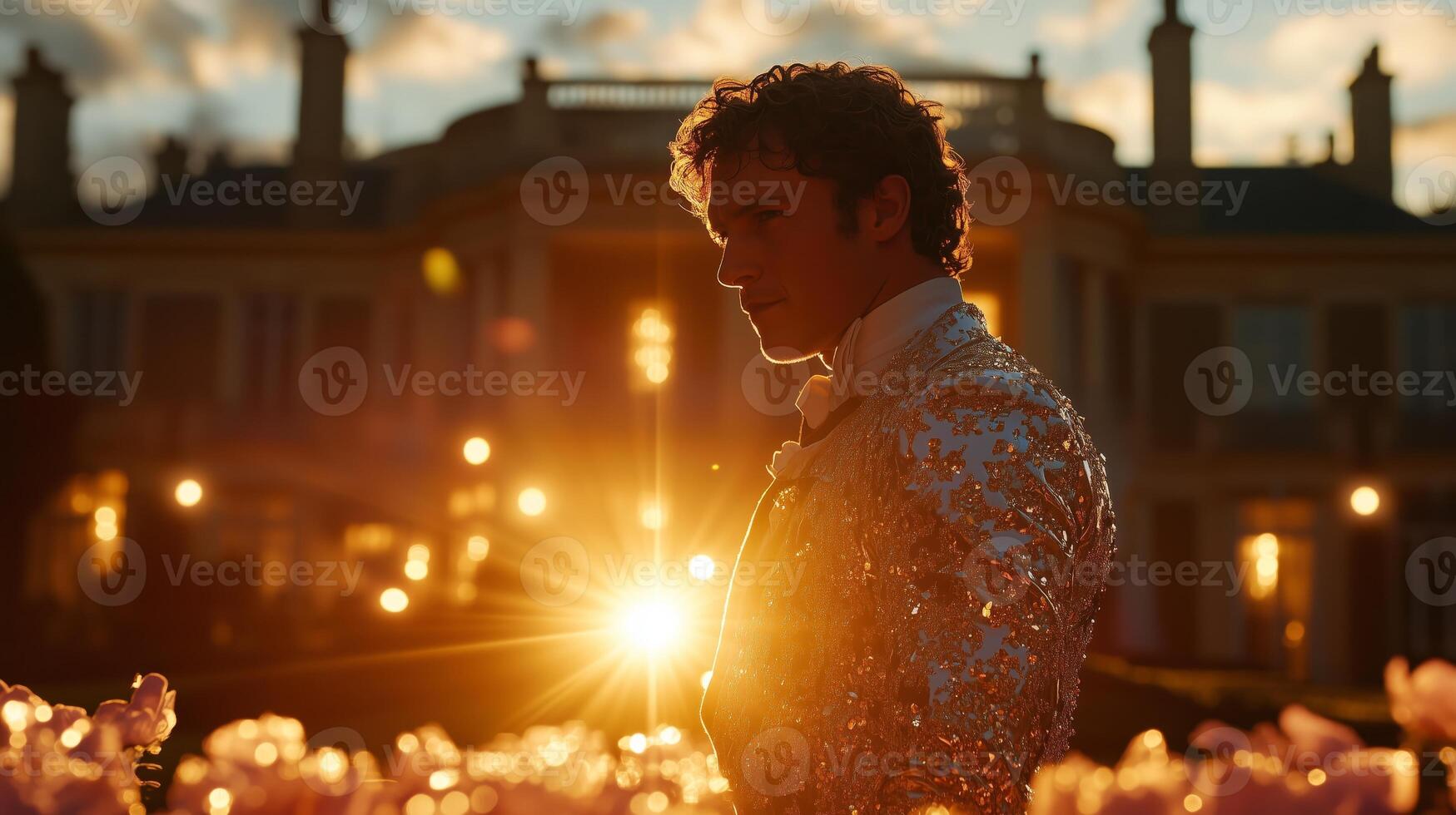 A man in a sequin suit stands in front of a large mansion photo