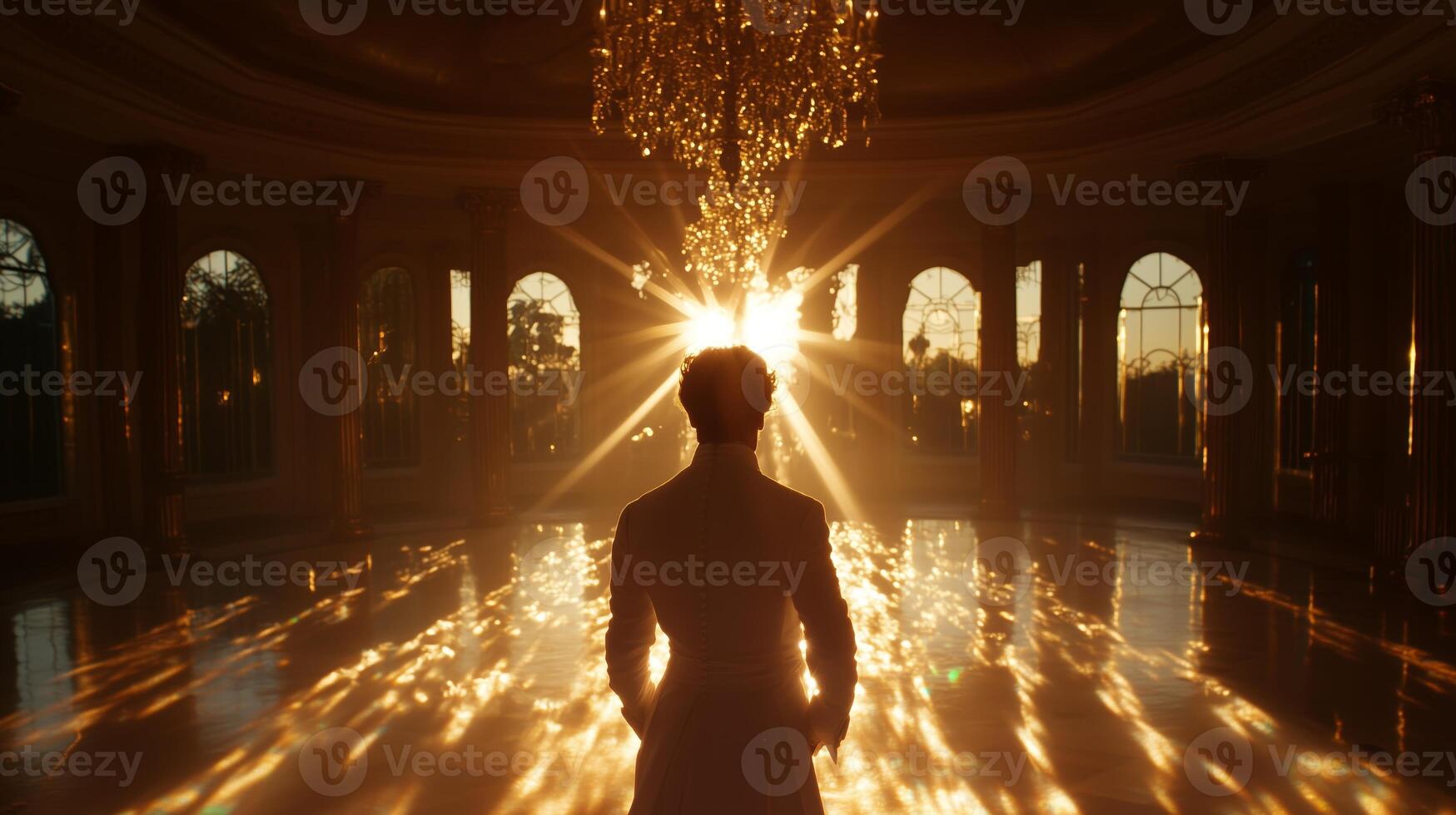 A man standing in front of a chandelier in a large room photo