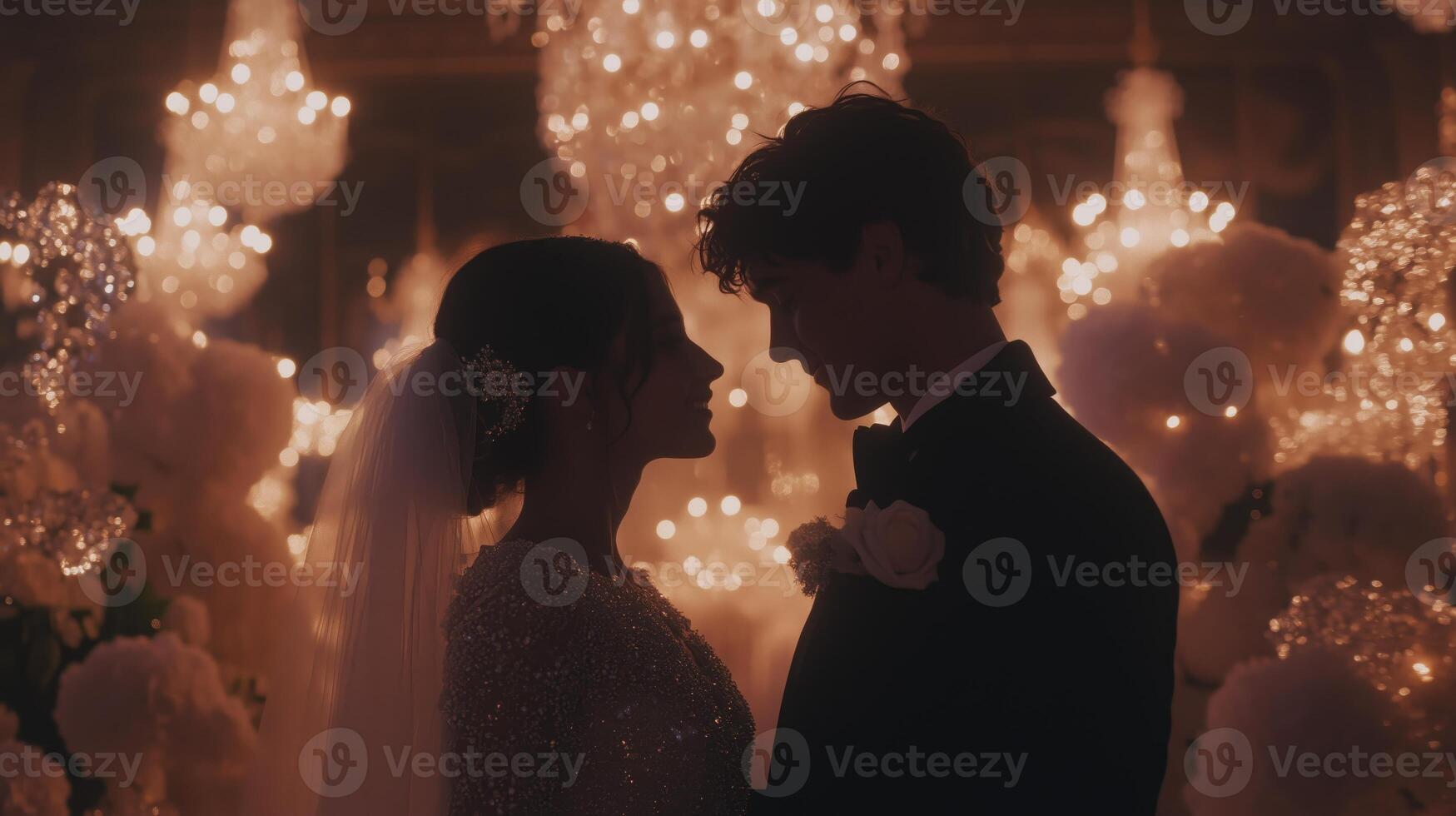 A bride and groom in front of chandeliers photo
